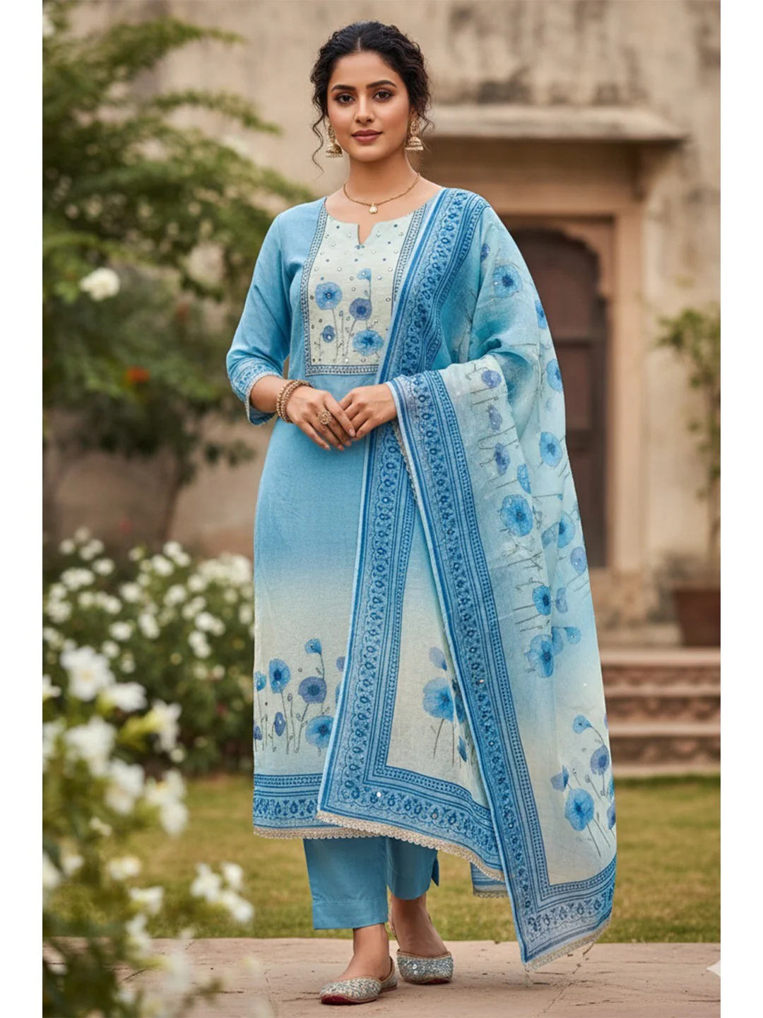 Traditional Blue Linen Floral Print Dress Material with Dupatta with Graceful Feminine Appeal