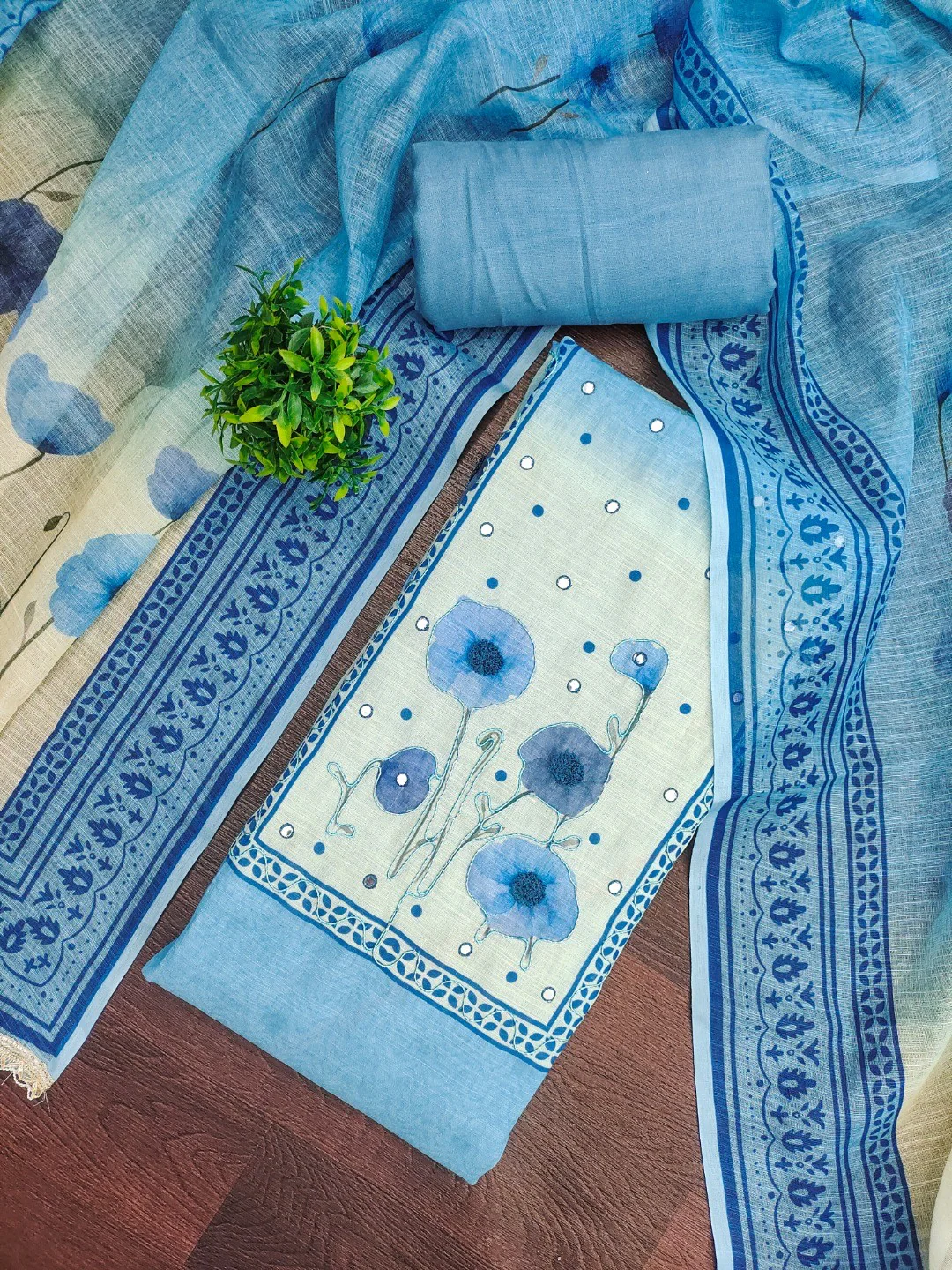 Traditional Blue Linen Floral Print Dress Material with Dupatta with Graceful Feminine Appeal - Image 3