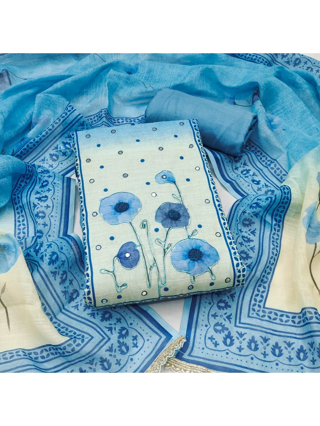 Traditional Blue Linen Floral Print Dress Material with Dupatta with Graceful Feminine Appeal - Image 4