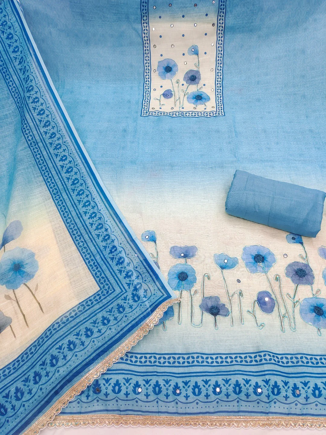 Traditional Blue Linen Floral Print Dress Material with Dupatta with Graceful Feminine Appeal - Image 5