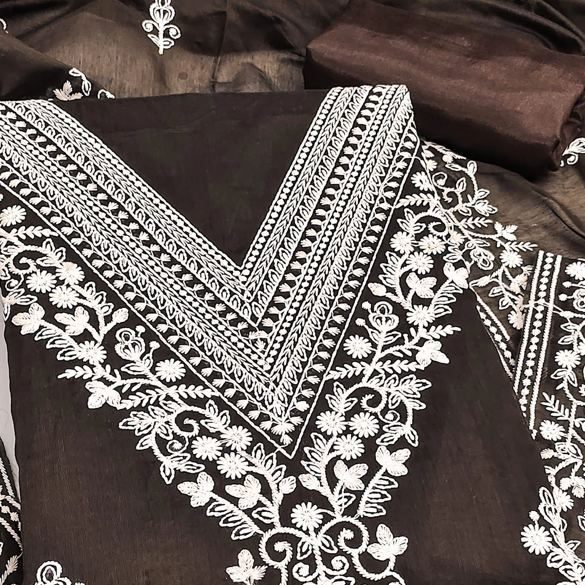Traditional Brown Chanderi Silk Suit Fabric with Embroidered Floral Patterns - Image 2