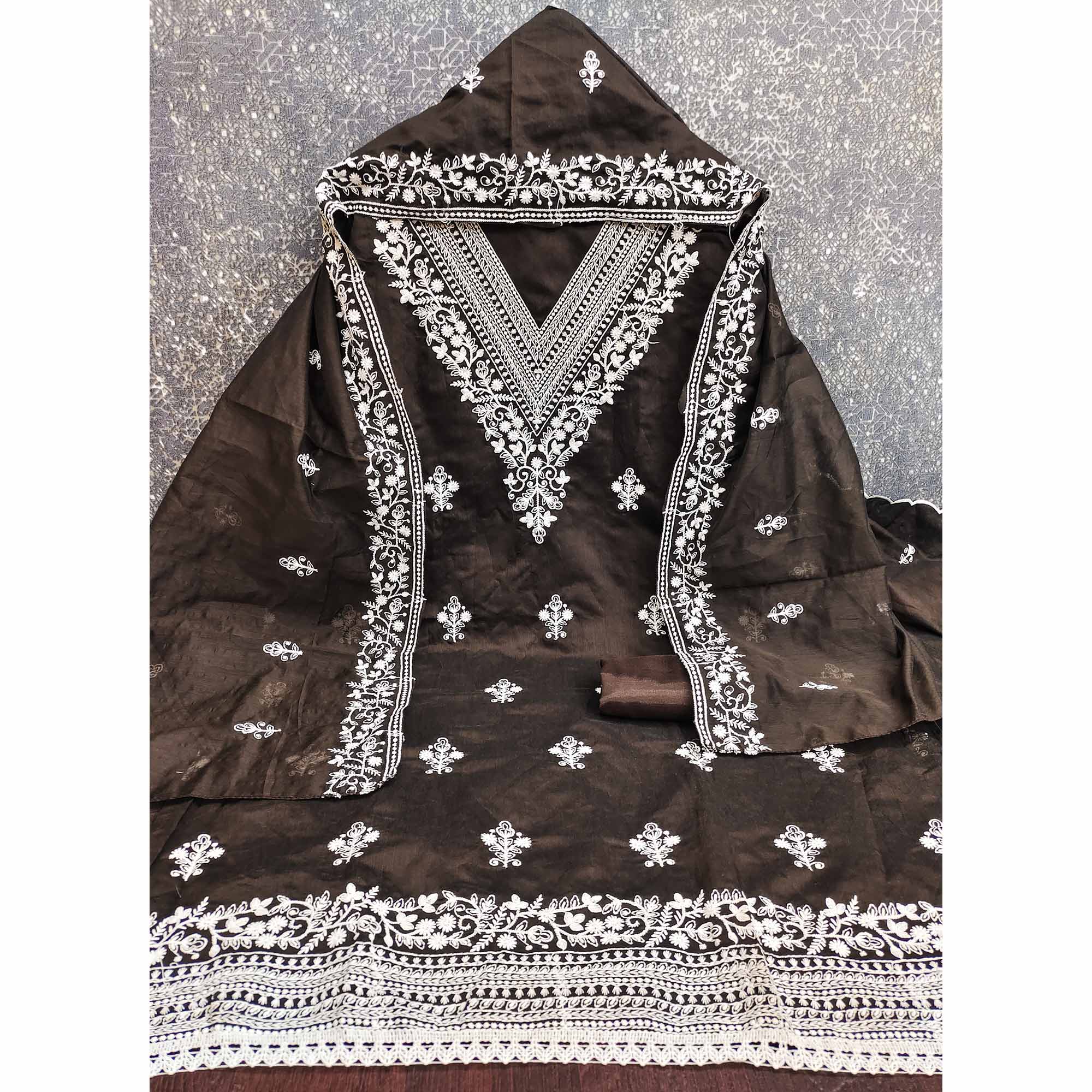 Traditional Brown Chanderi Silk Suit Fabric with Embroidered Floral Patterns - Image 3