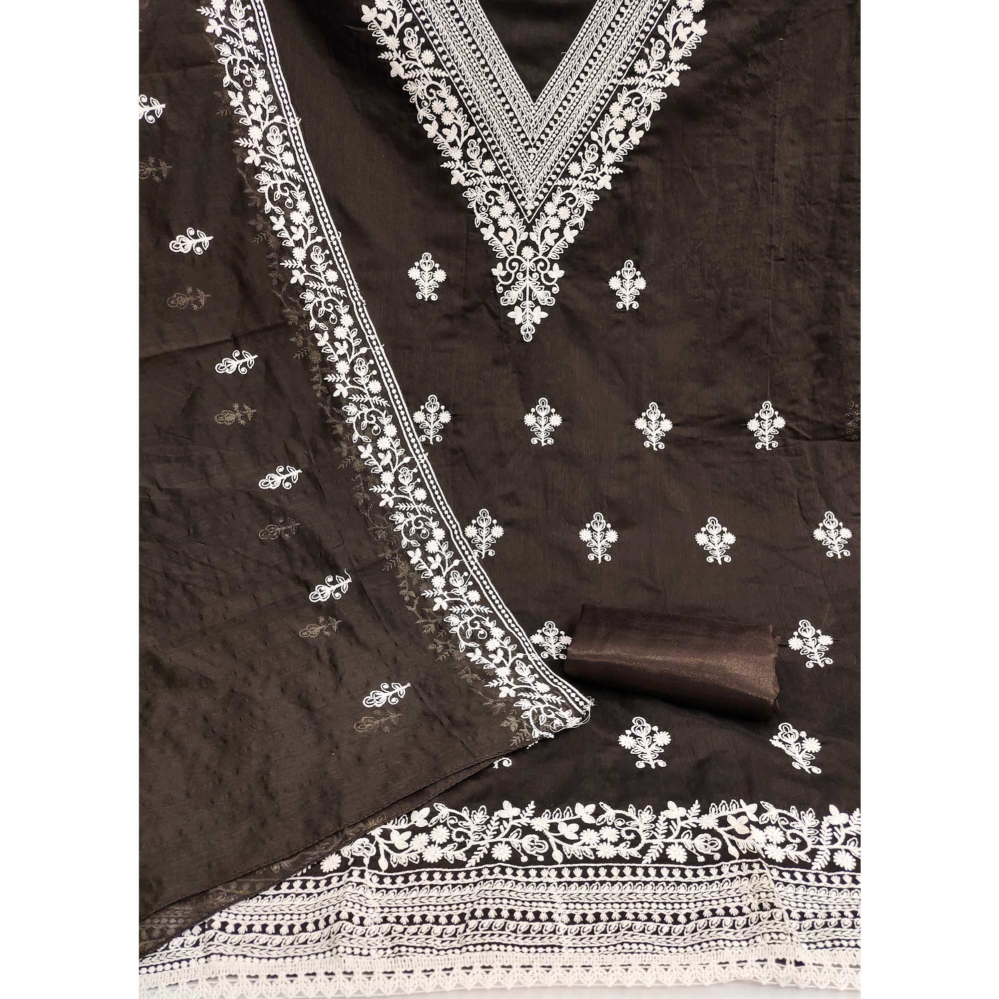 Traditional Brown Chanderi Silk Suit Fabric with Embroidered Floral Patterns - Image 4