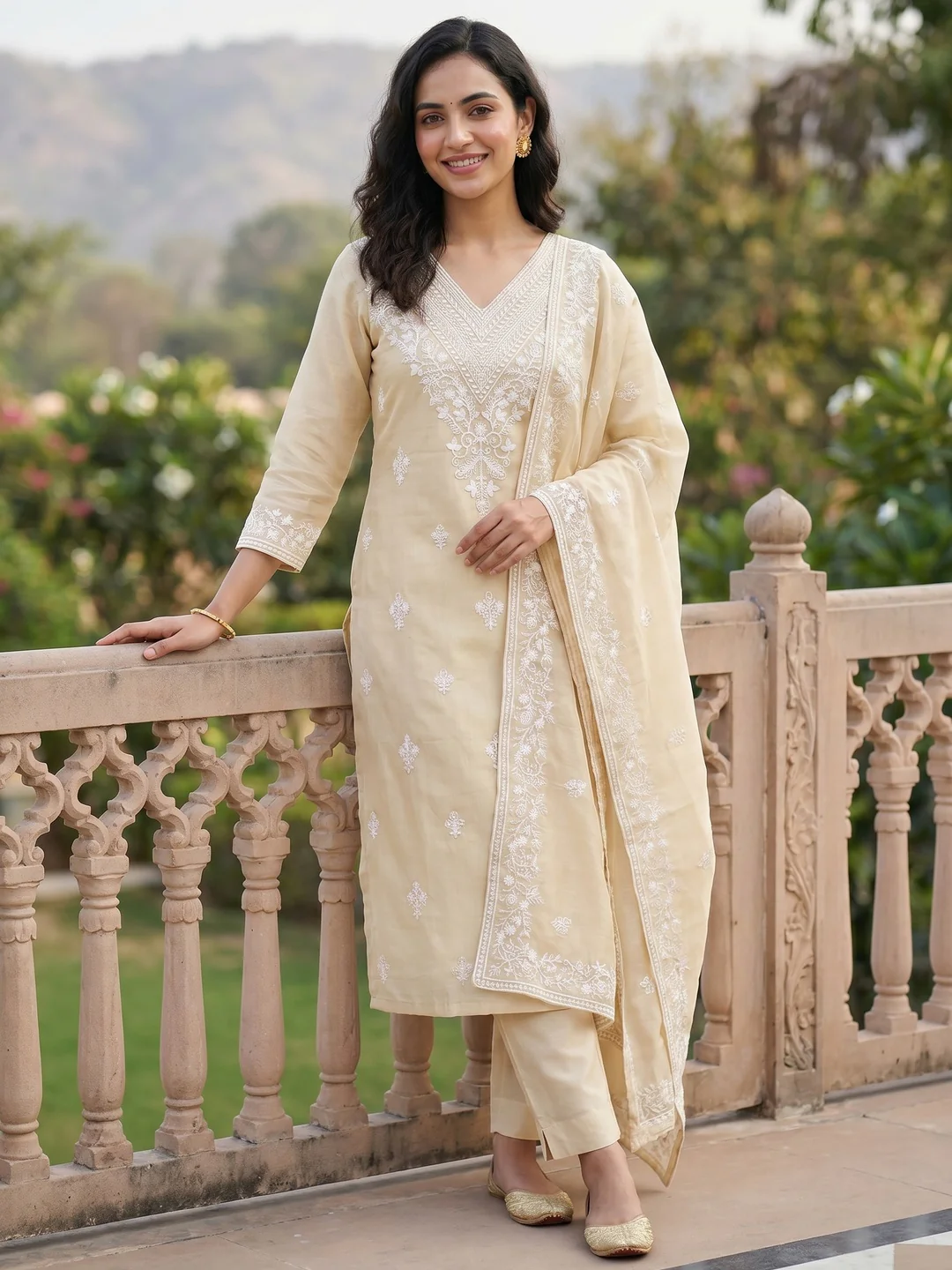 Traditional Cream Chanderi Silk Suit Fabric with Embroidered Floral Patterns