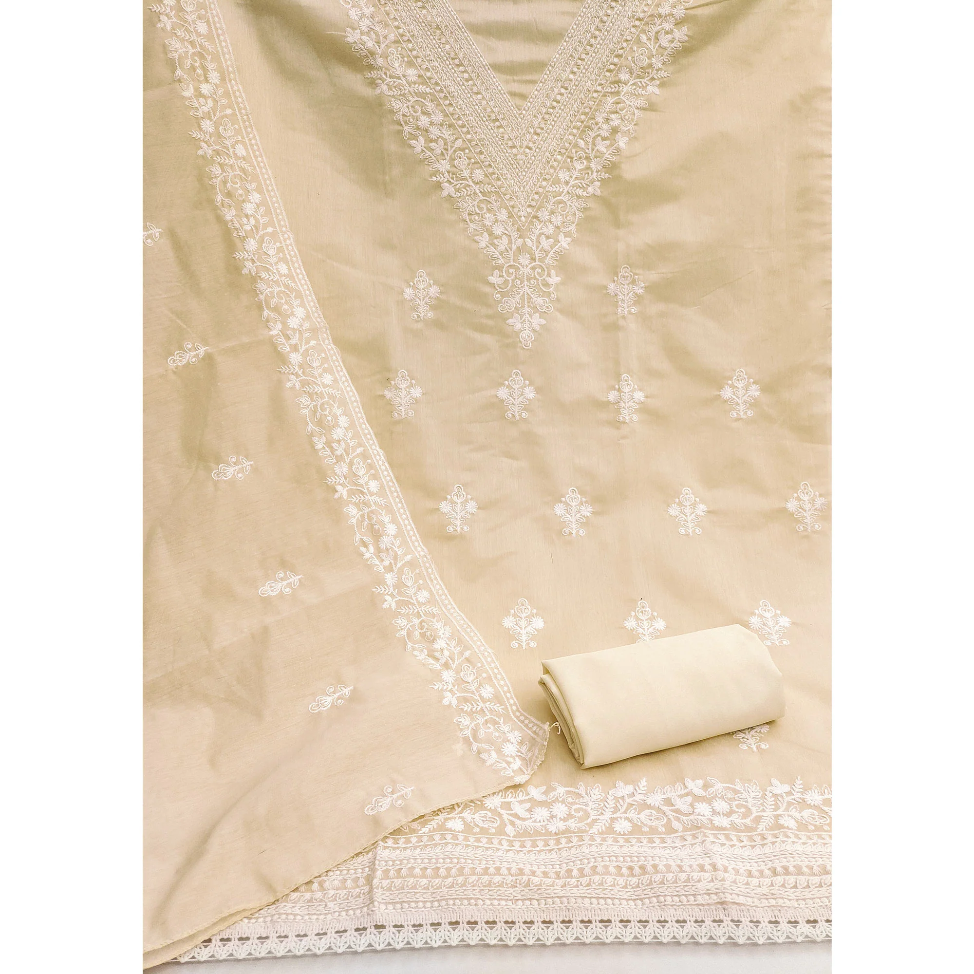 Traditional Cream Chanderi Silk Suit Fabric with Embroidered Floral Patterns - Image 2