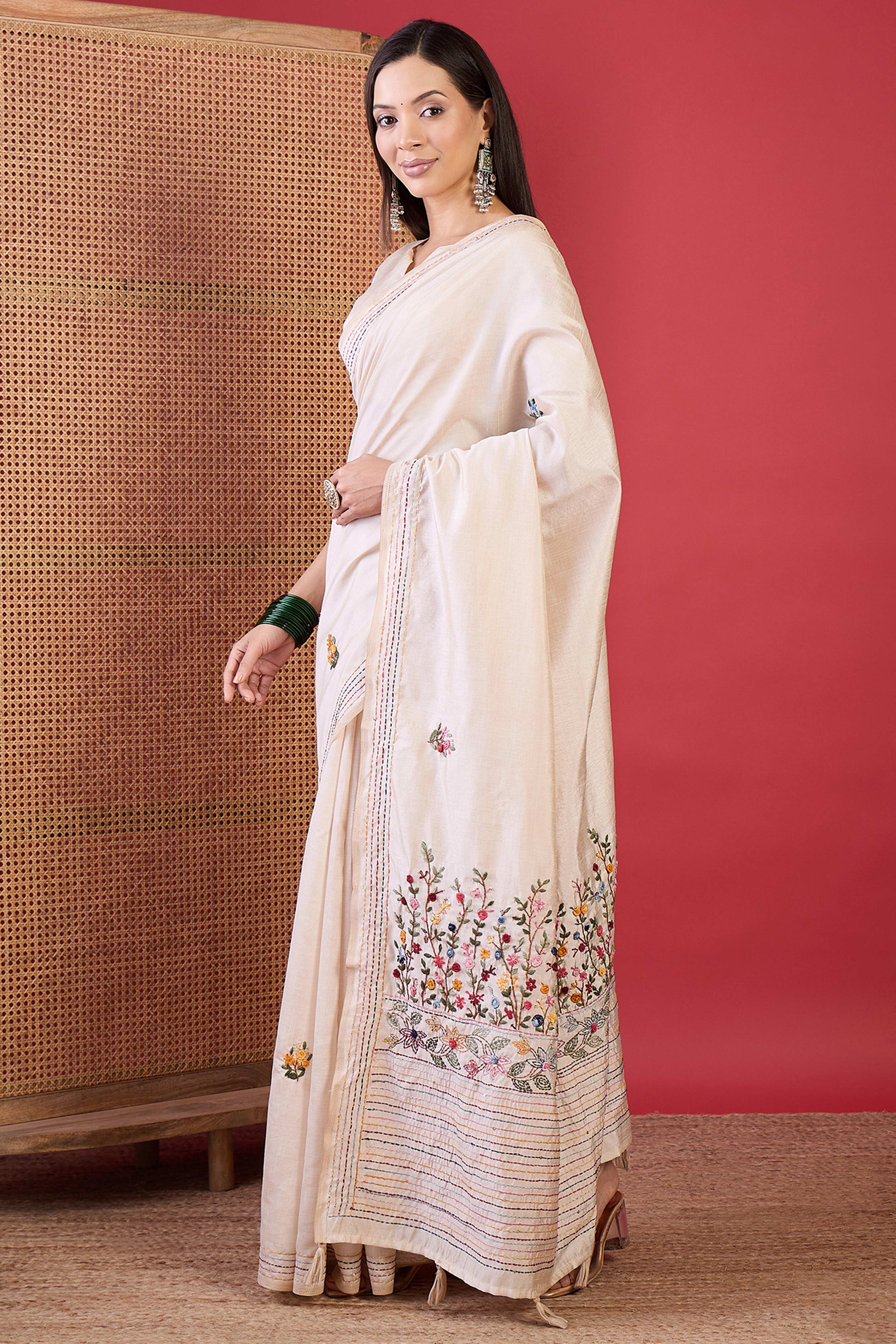 Traditional Cream Tussar Silk Saree Highlighted with Fine Thread Embroidery - Image 4