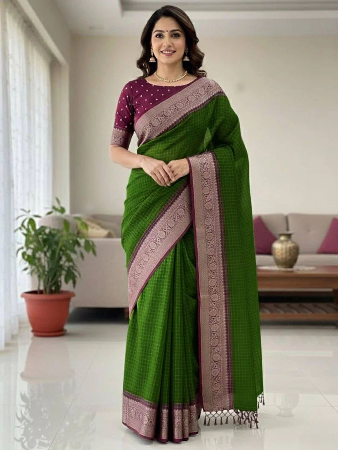 Traditional Green Check Pattern Dola Silk Saree Highlighted with Jacquard Border Work & Tassel Pallu