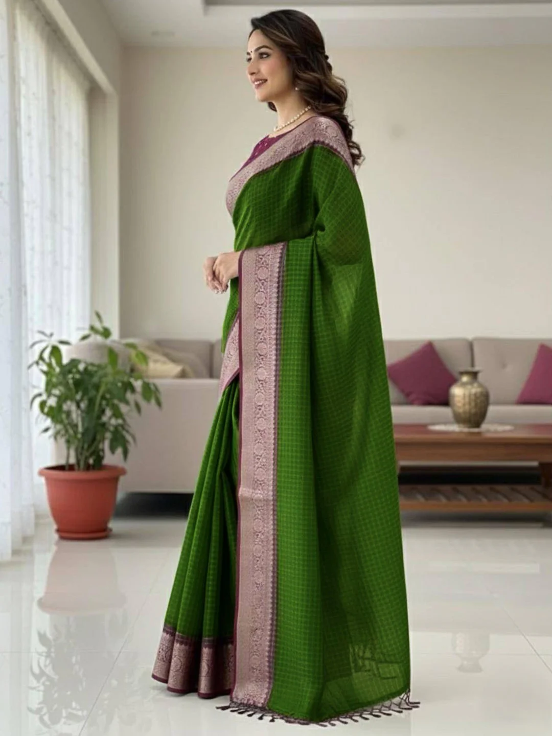 Traditional Green Check Pattern Dola Silk Saree Highlighted with Jacquard Border Work & Tassel Pallu - Image 2