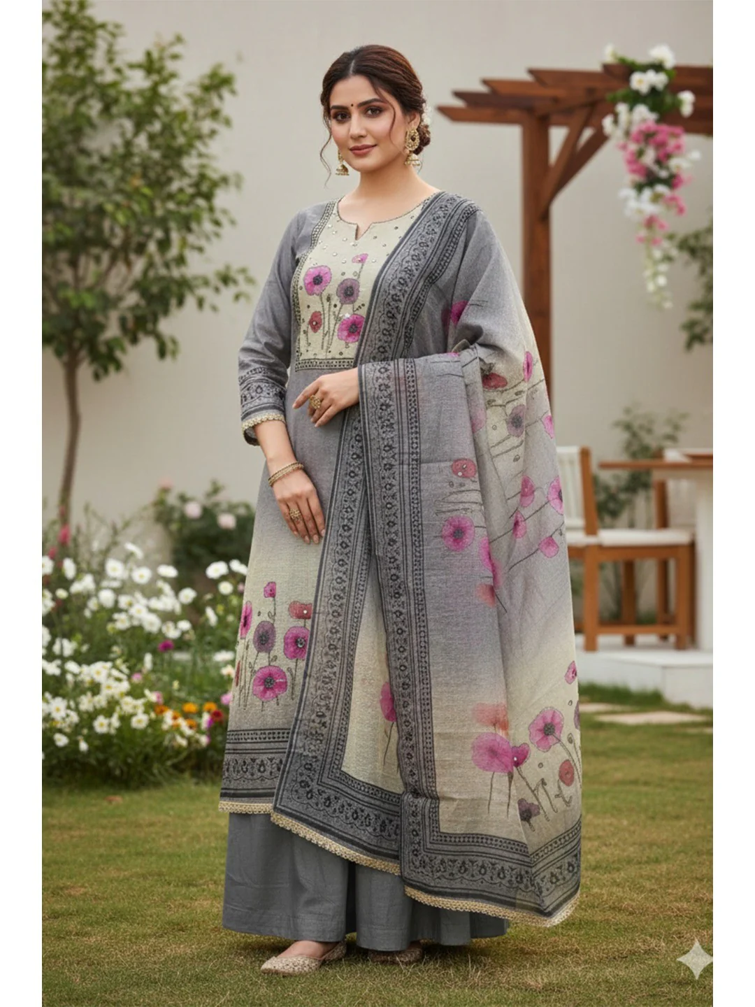 Traditional Grey Linen Floral Print Dress Material with Dupatta with Graceful Feminine Appeal