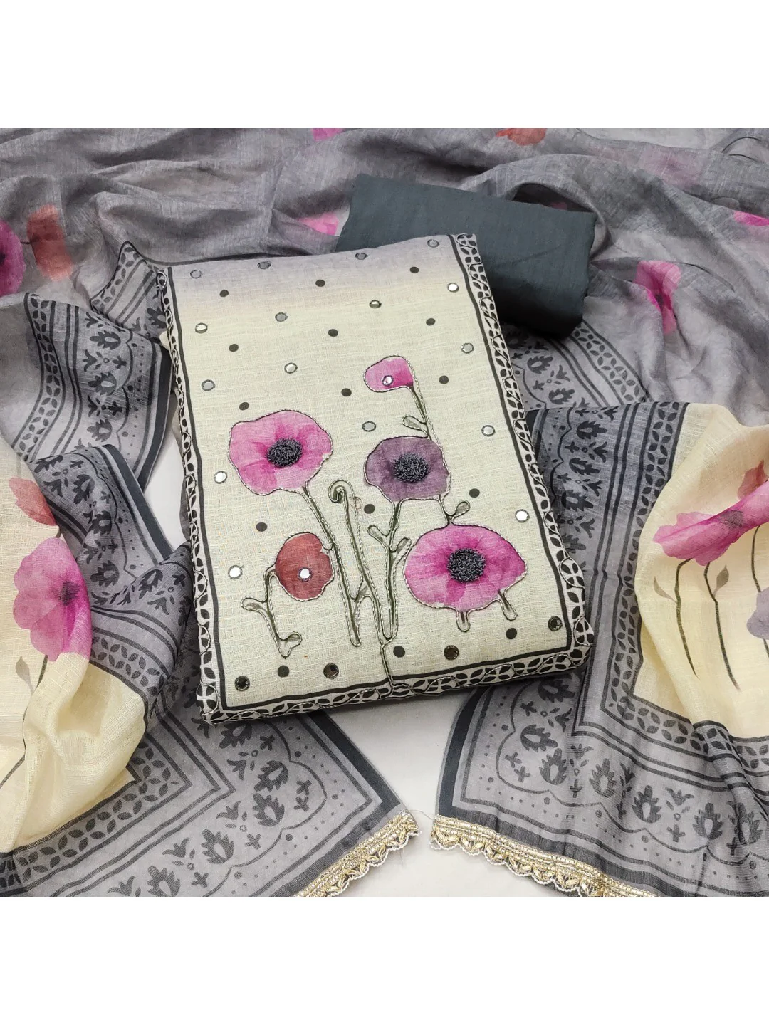 Traditional Grey Linen Floral Print Dress Material with Dupatta with Graceful Feminine Appeal - Image 4