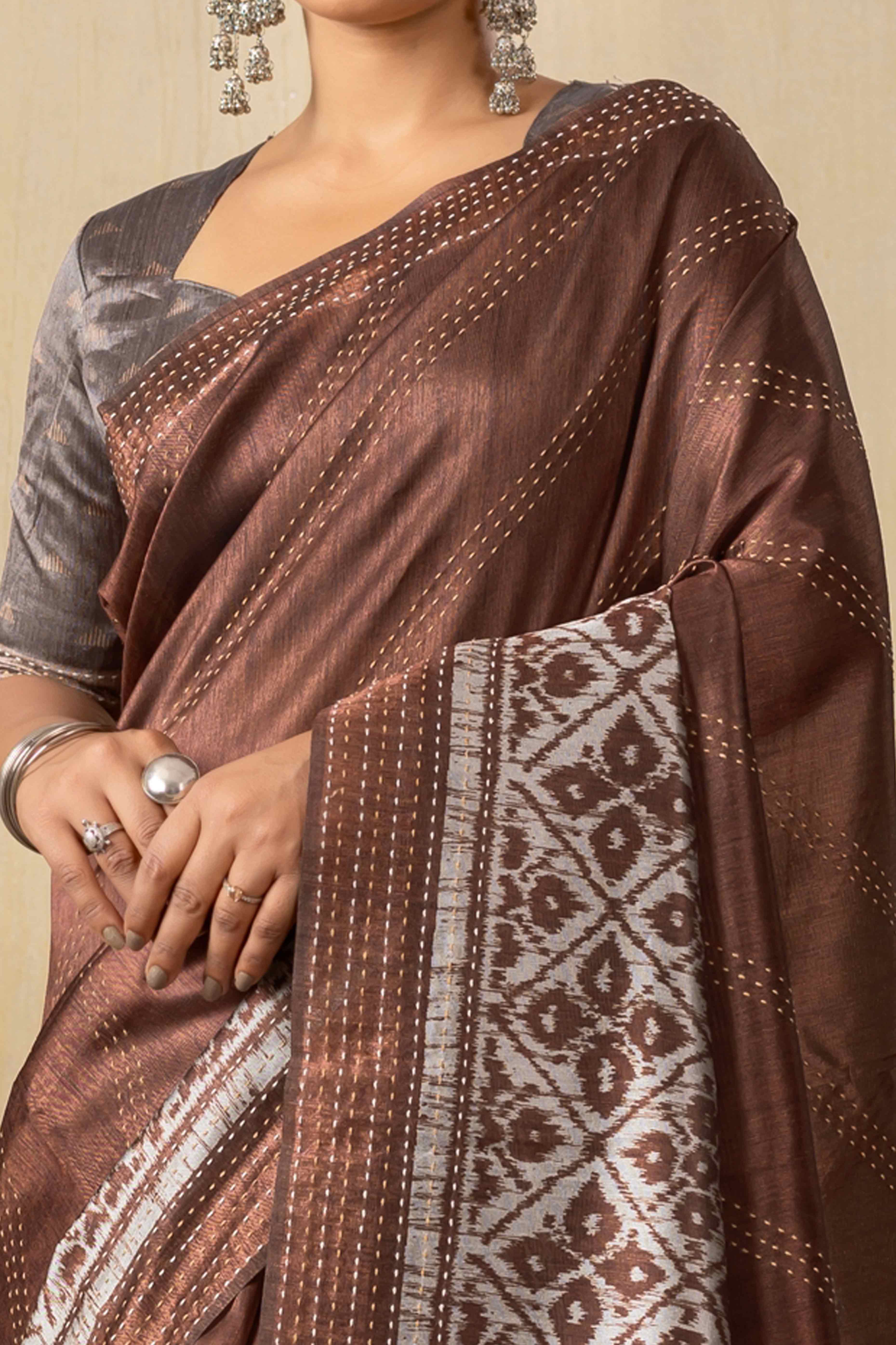 Traditional Ikkat Print Brown Silk Blend Saree - Image 2