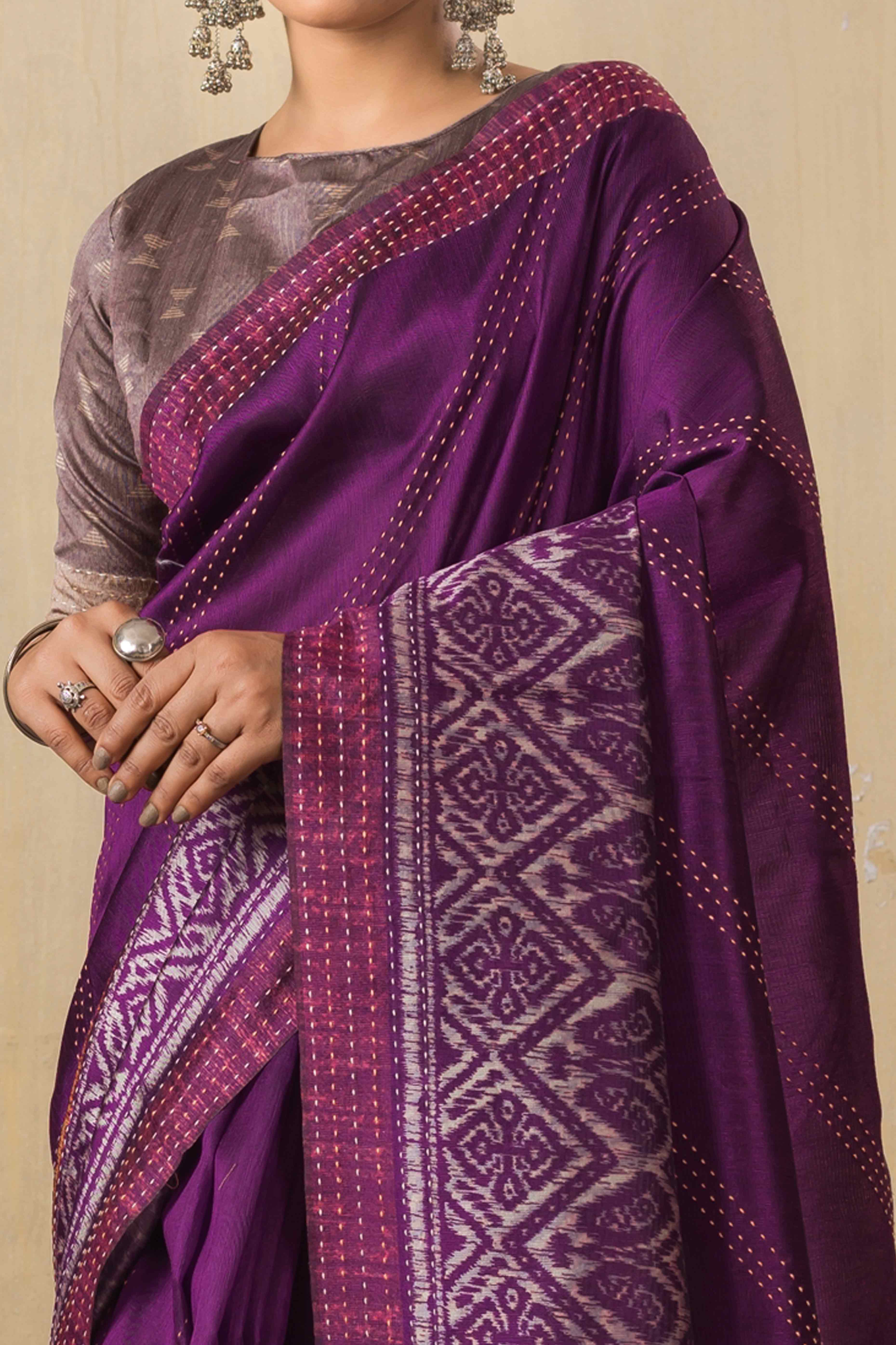 Traditional Ikkat Print Purple Silk Blend Saree - Image 2