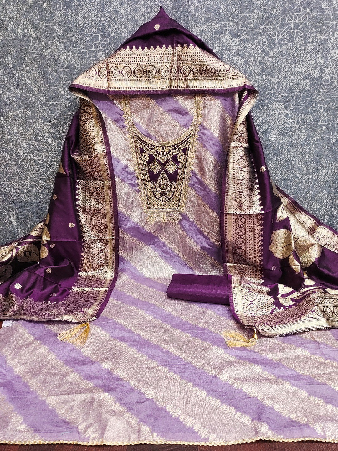 Traditional Lavender Floral Weaving With Sequins Cording Embroidered Modal Jacquard Dress Material - Image 3