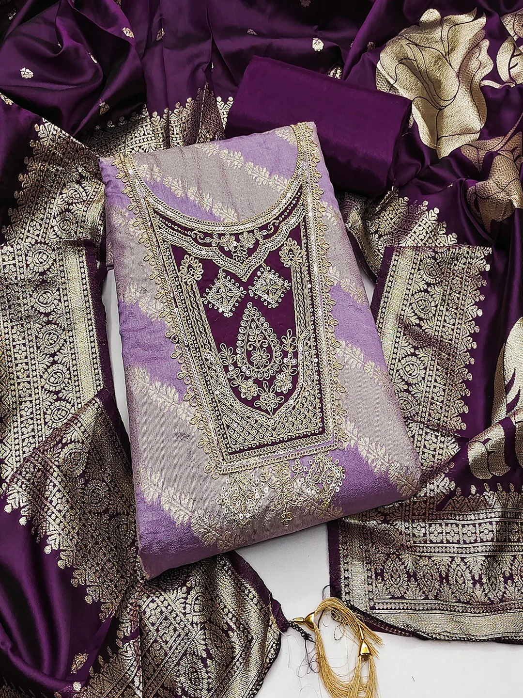 Traditional Lavender Floral Weaving With Sequins Cording Embroidered Modal Jacquard Dress Material - Image 4