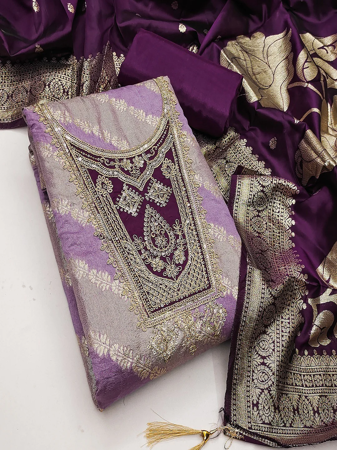 Traditional Lavender Floral Weaving With Sequins Cording Embroidered Modal Jacquard Dress Material - Image 5