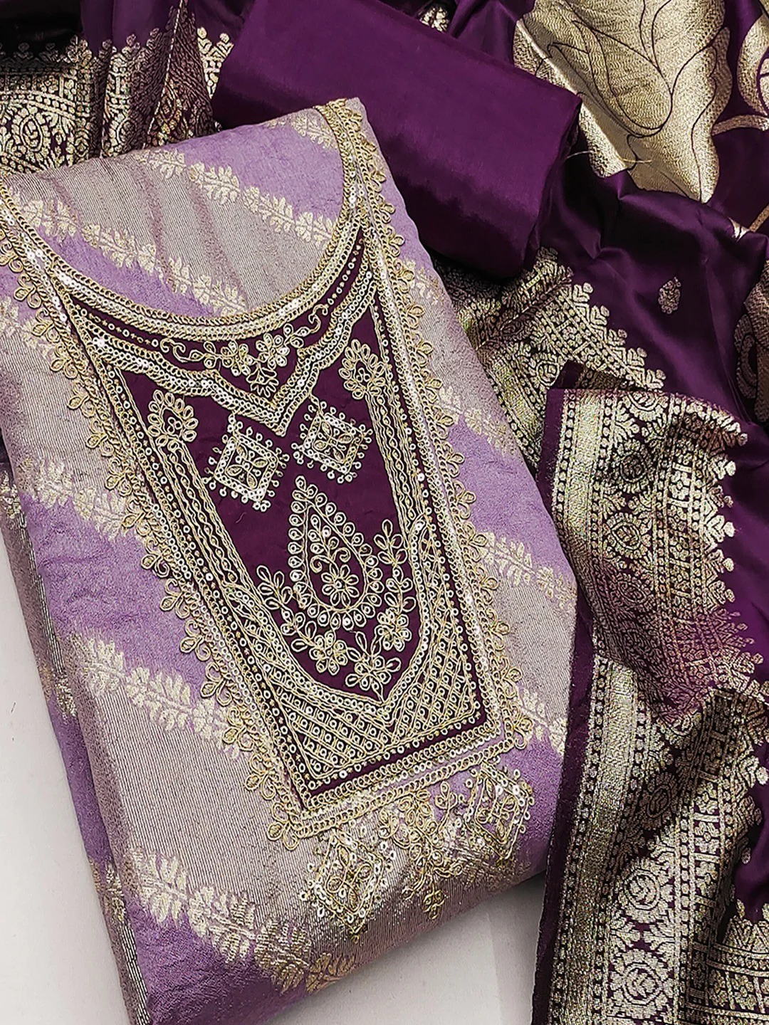 Traditional Lavender Floral Weaving With Sequins Cording Embroidered Modal Jacquard Dress Material - Image 6