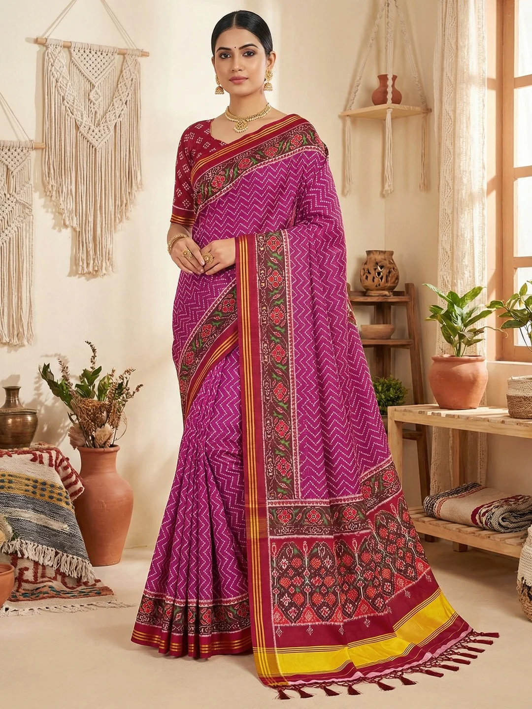 Traditional Magenta Patola Print Handloom Silk Saree with Pallu Tassel Detailing