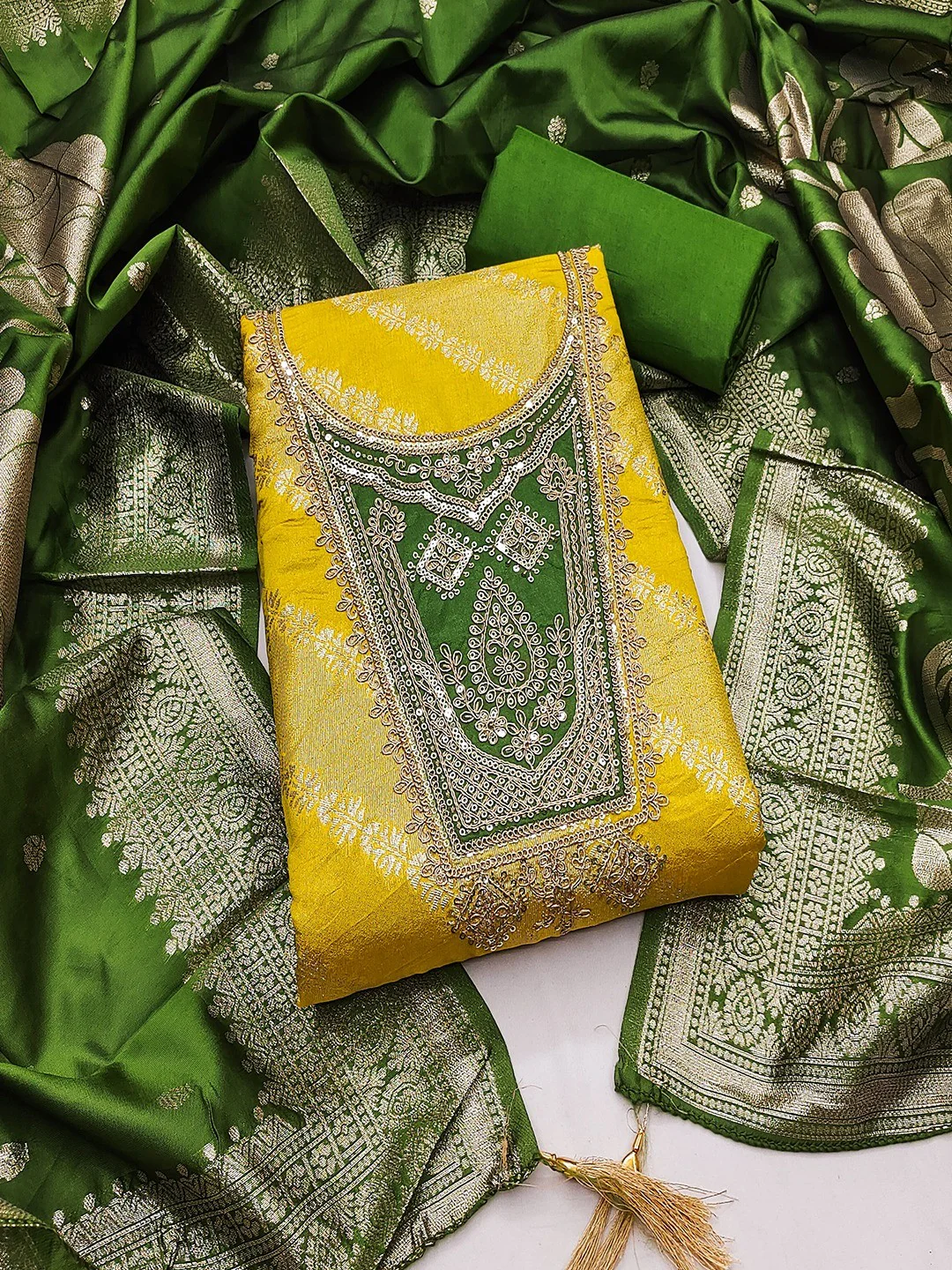Traditional Mustard Floral Weaving With Sequins Cording Embroidered Modal Jacquard Dress Material - Image 3