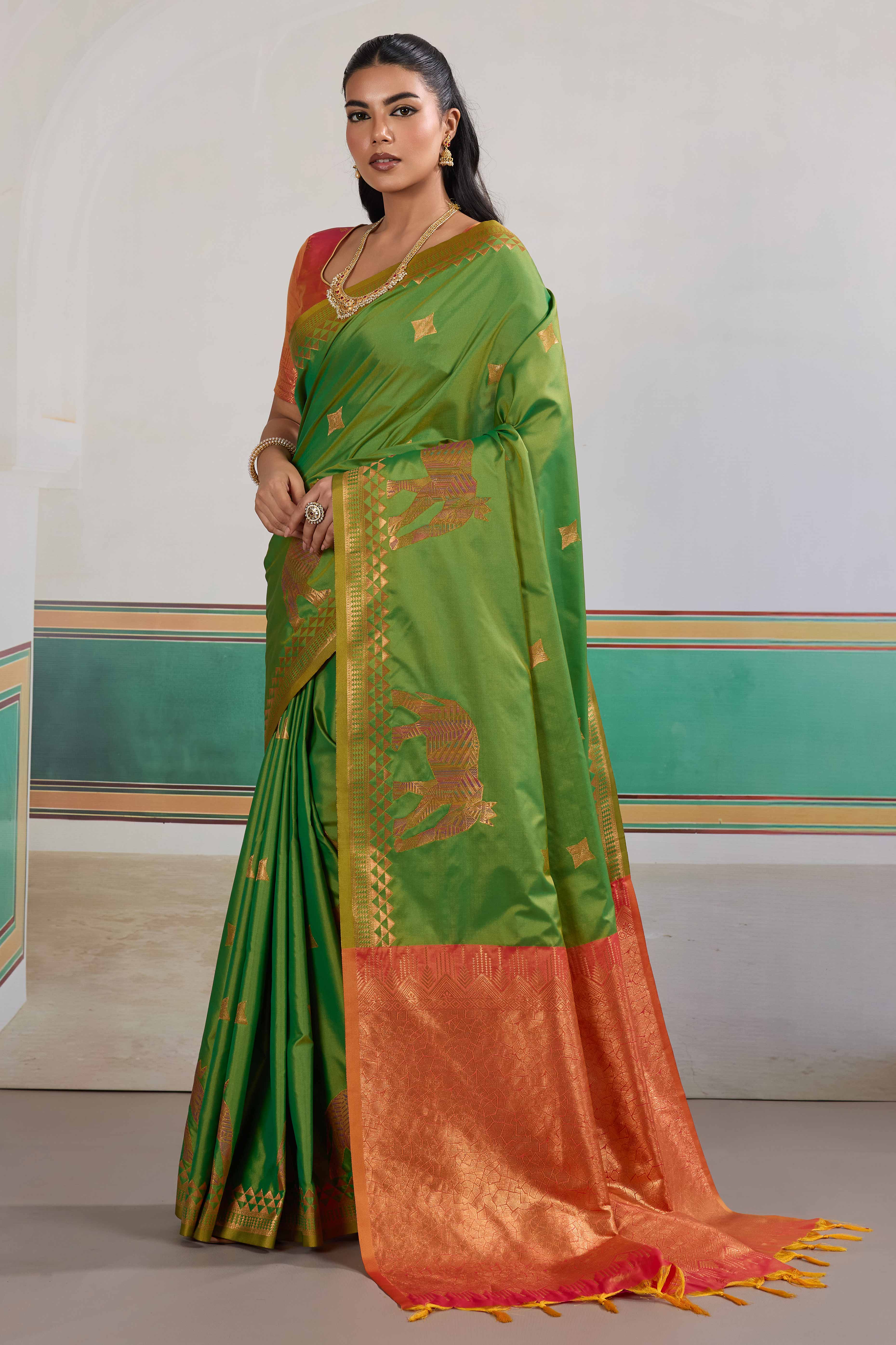Traditional Parrot Green Pure Silk Saree Featuring Elephant Motif Zari Weaving & Tassel Pallu - Image 3