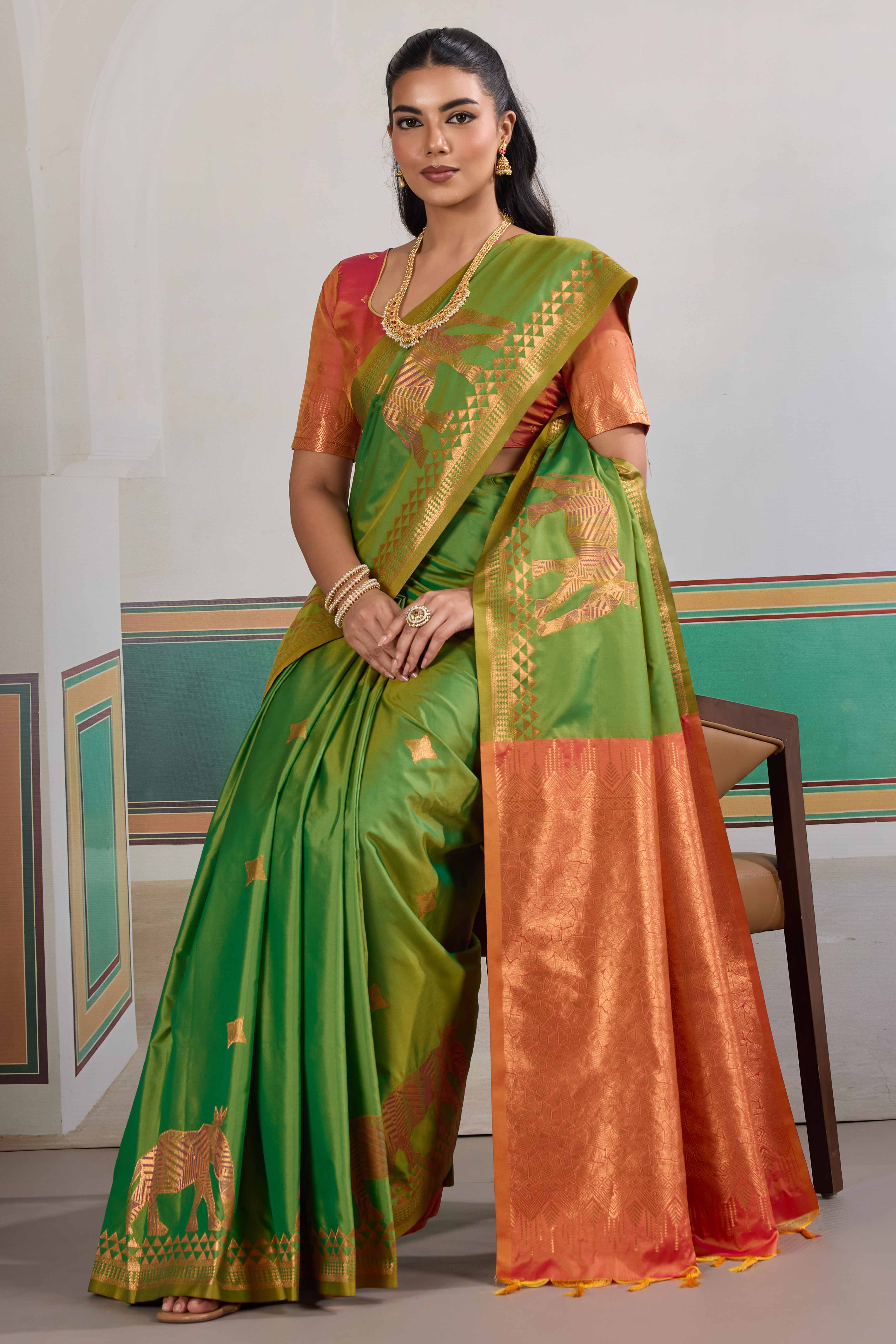 Traditional Parrot Green Pure Silk Saree Featuring Elephant Motif Zari Weaving & Tassel Pallu - Image 5