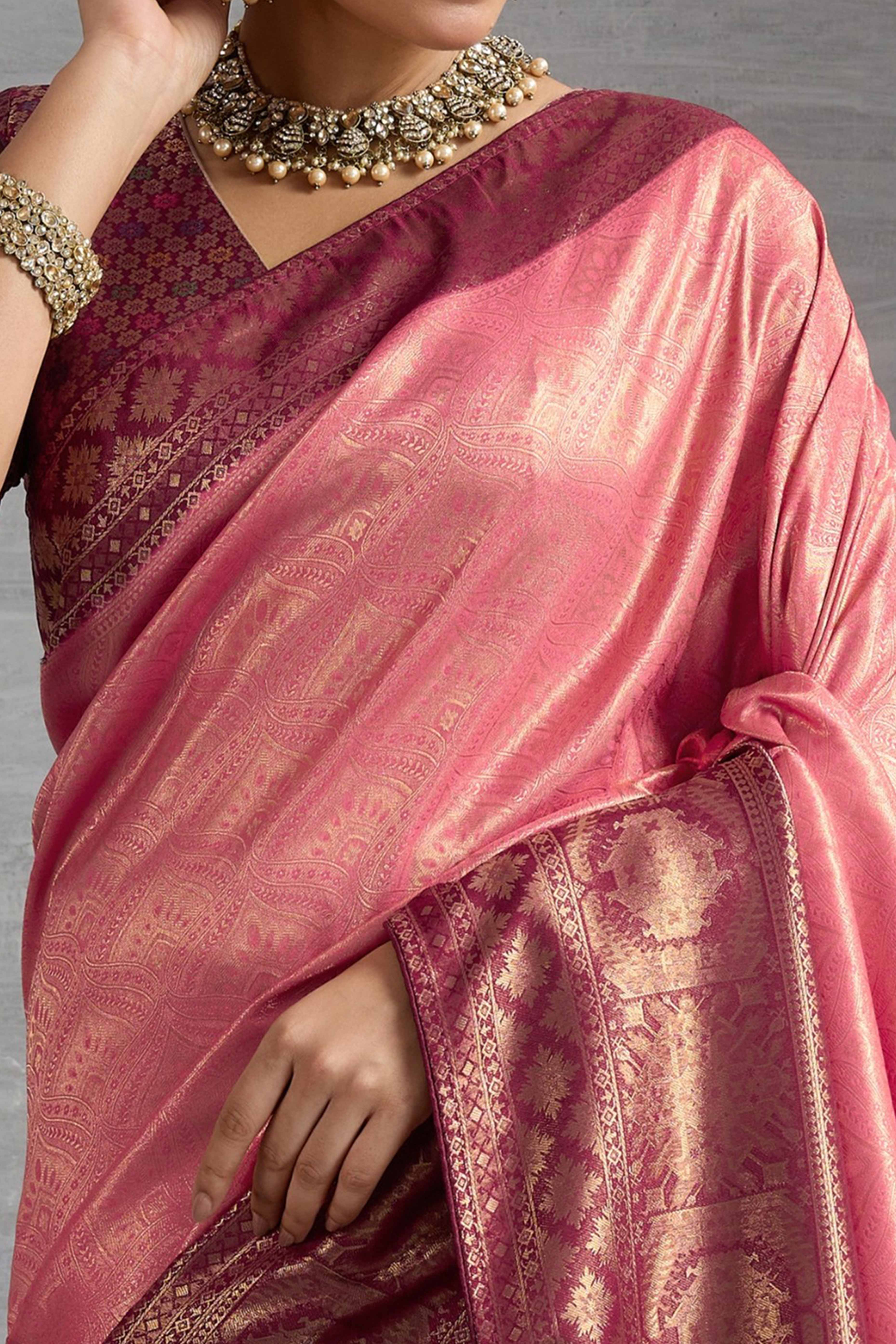 Traditional Peach Kanjivaram Soft Silk Saree with Bold Kadiyal Weave - Image 2