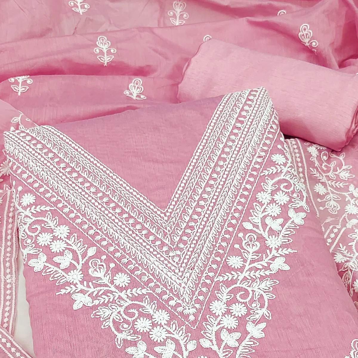 Traditional Pink Chanderi Silk Suit Fabric with Embroidered Floral Patterns - Image 2