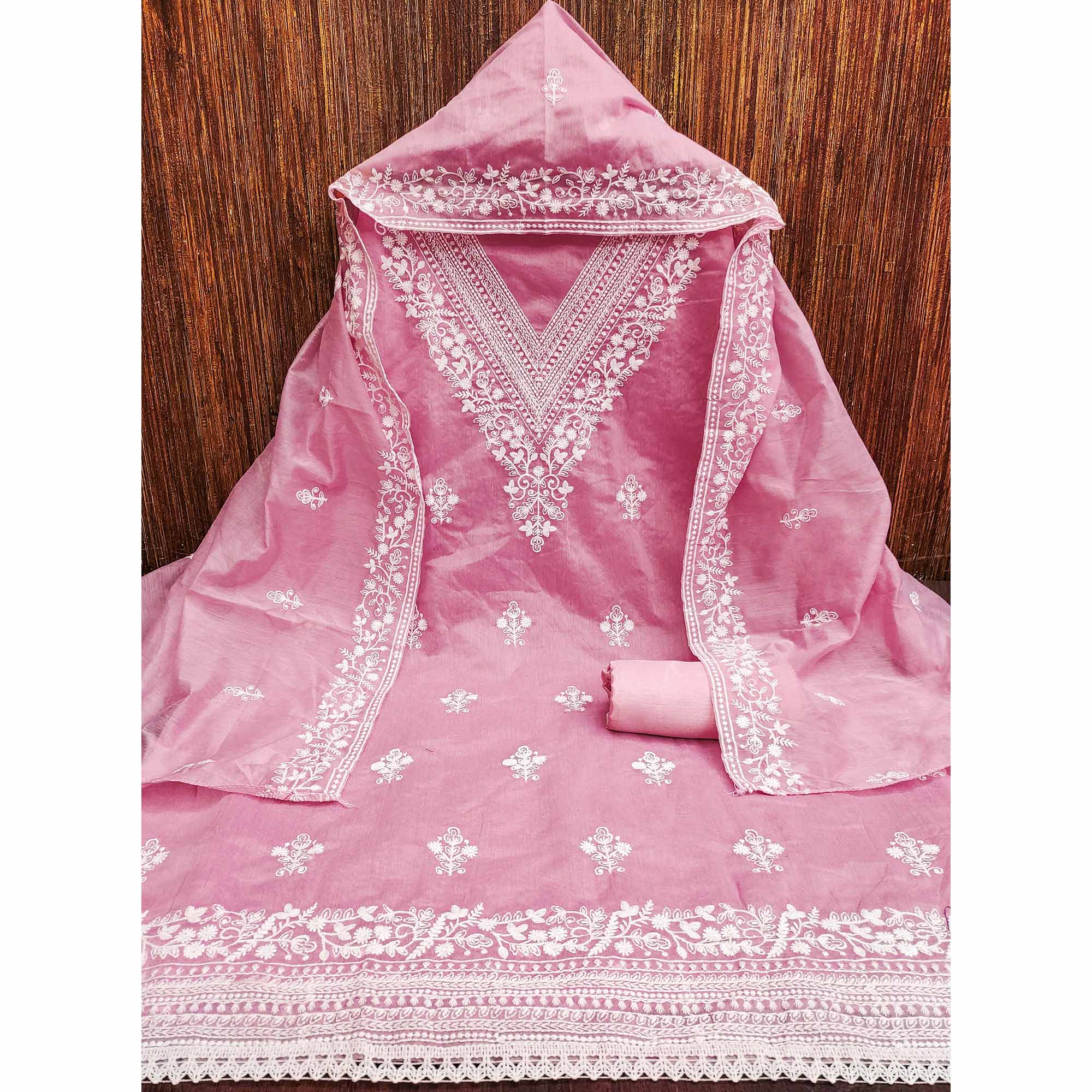 Traditional Pink Chanderi Silk Suit Fabric with Embroidered Floral Patterns - Image 3