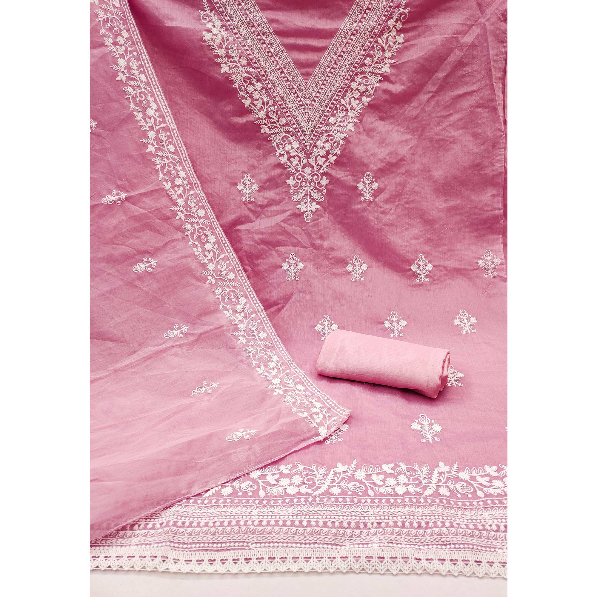 Traditional Pink Chanderi Silk Suit Fabric with Embroidered Floral Patterns - Image 4
