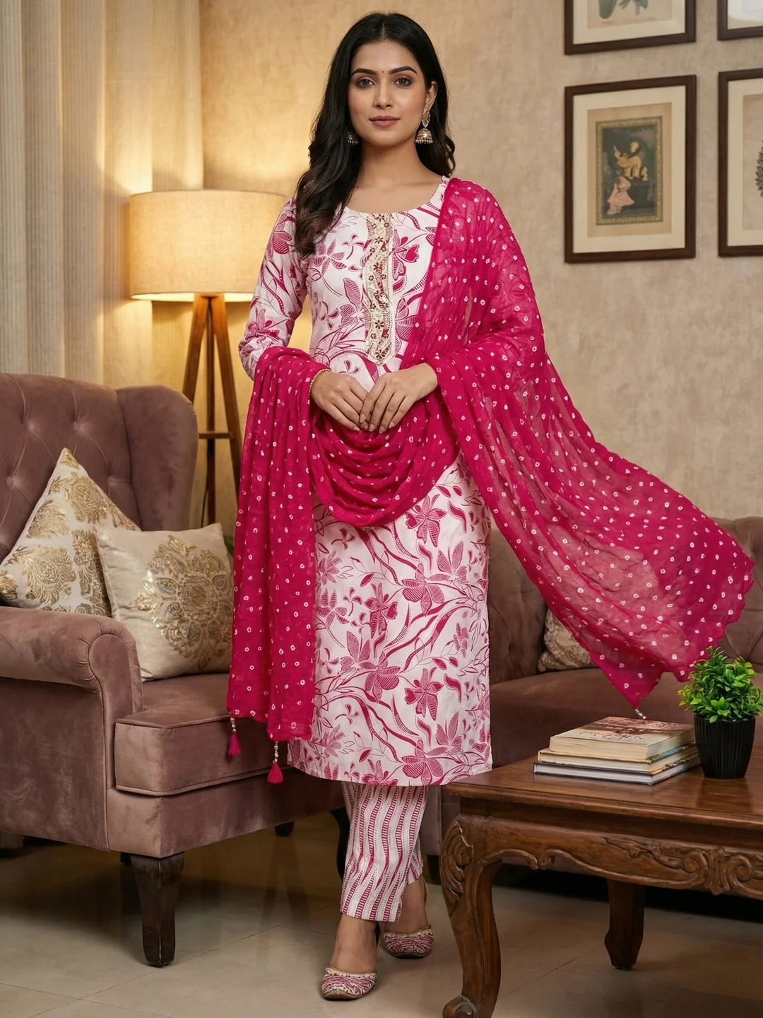 Traditional Pink & White Floral Printed Pure Cotton Dress Material With Embroidered Neck Work