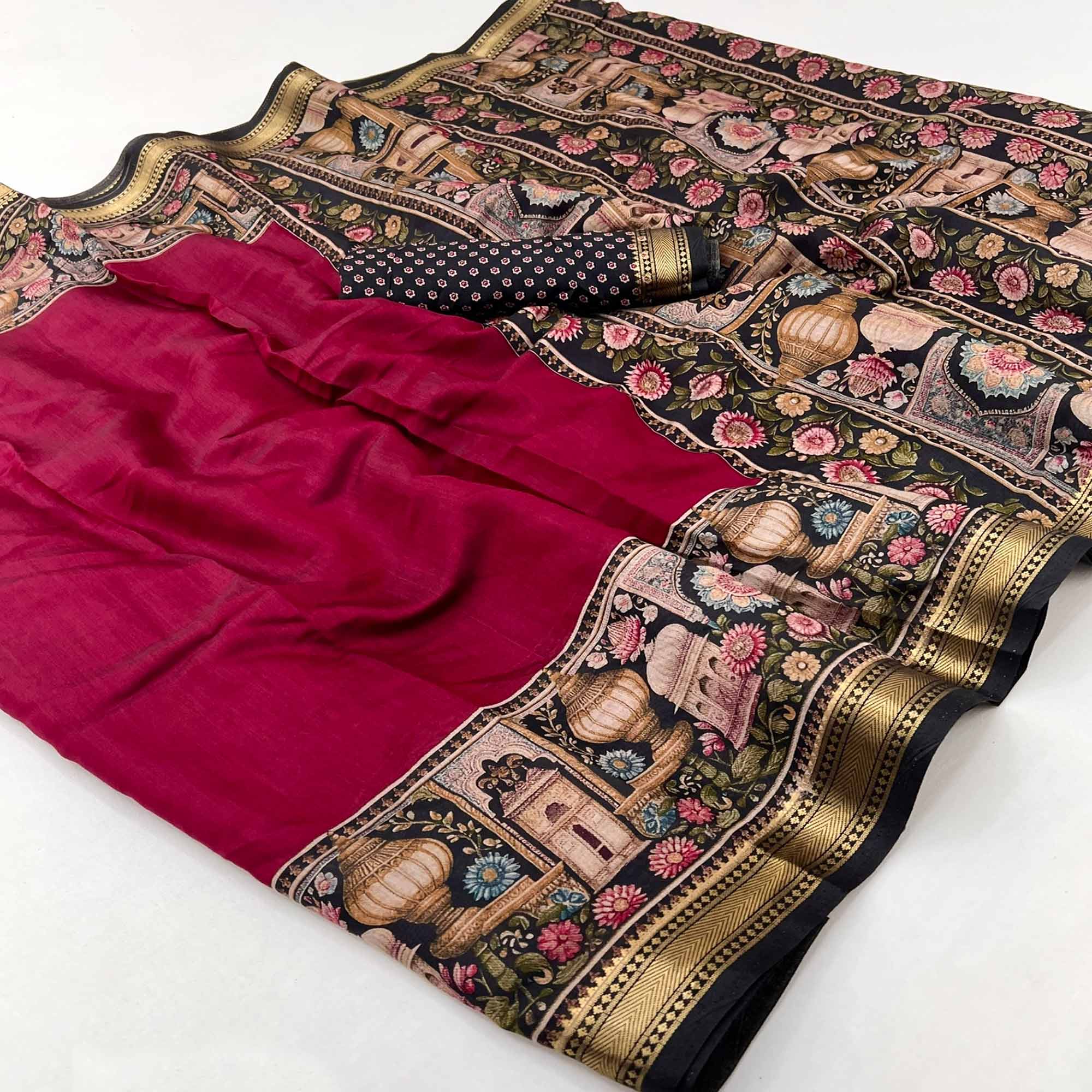Traditional Print Mulmul Cotton Saree in Magenta with Elegant Zari Border - Image 3