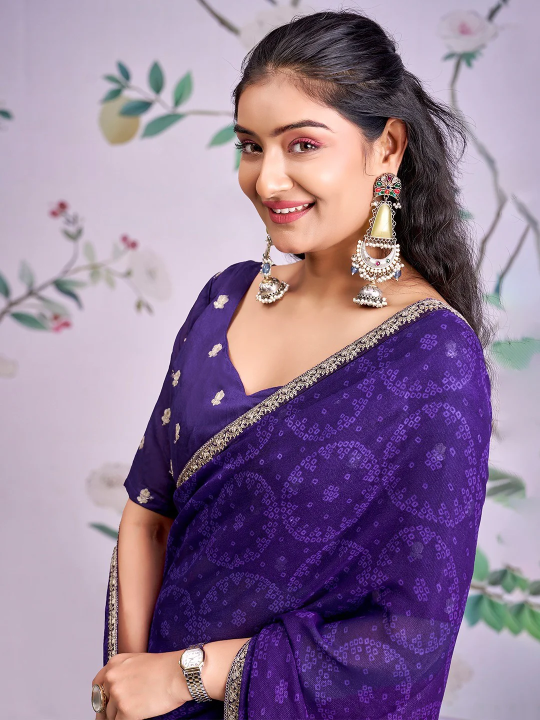 Traditional Purple Bandhani Print Georgette Saree Adorned With Floral Embroidery Border - Image 3