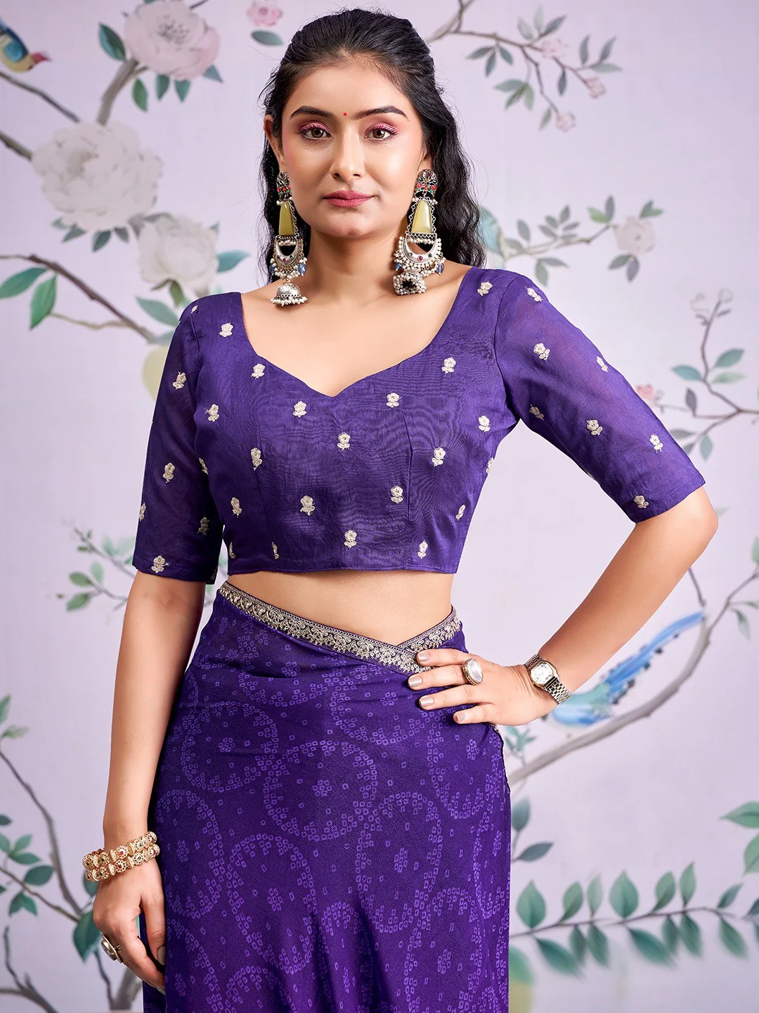 Traditional Purple Bandhani Print Georgette Saree Adorned With Floral Embroidery Border - Image 4