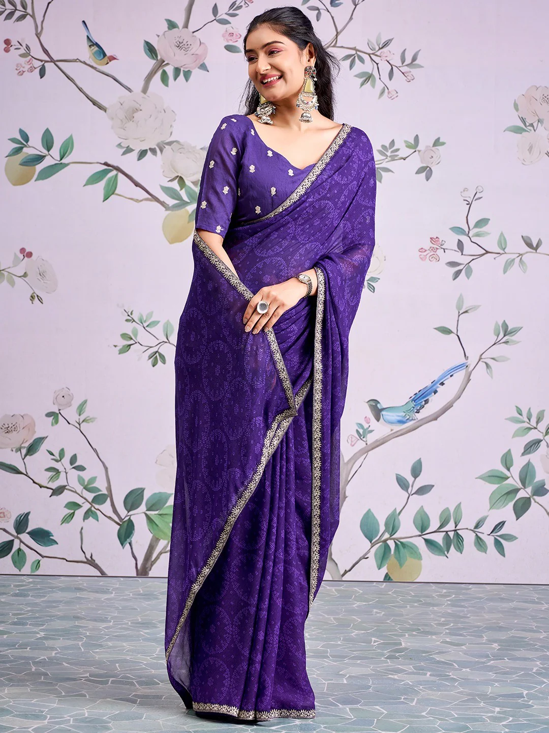 Traditional Purple Bandhani Print Georgette Saree Adorned With Floral Embroidery Border - Image 6