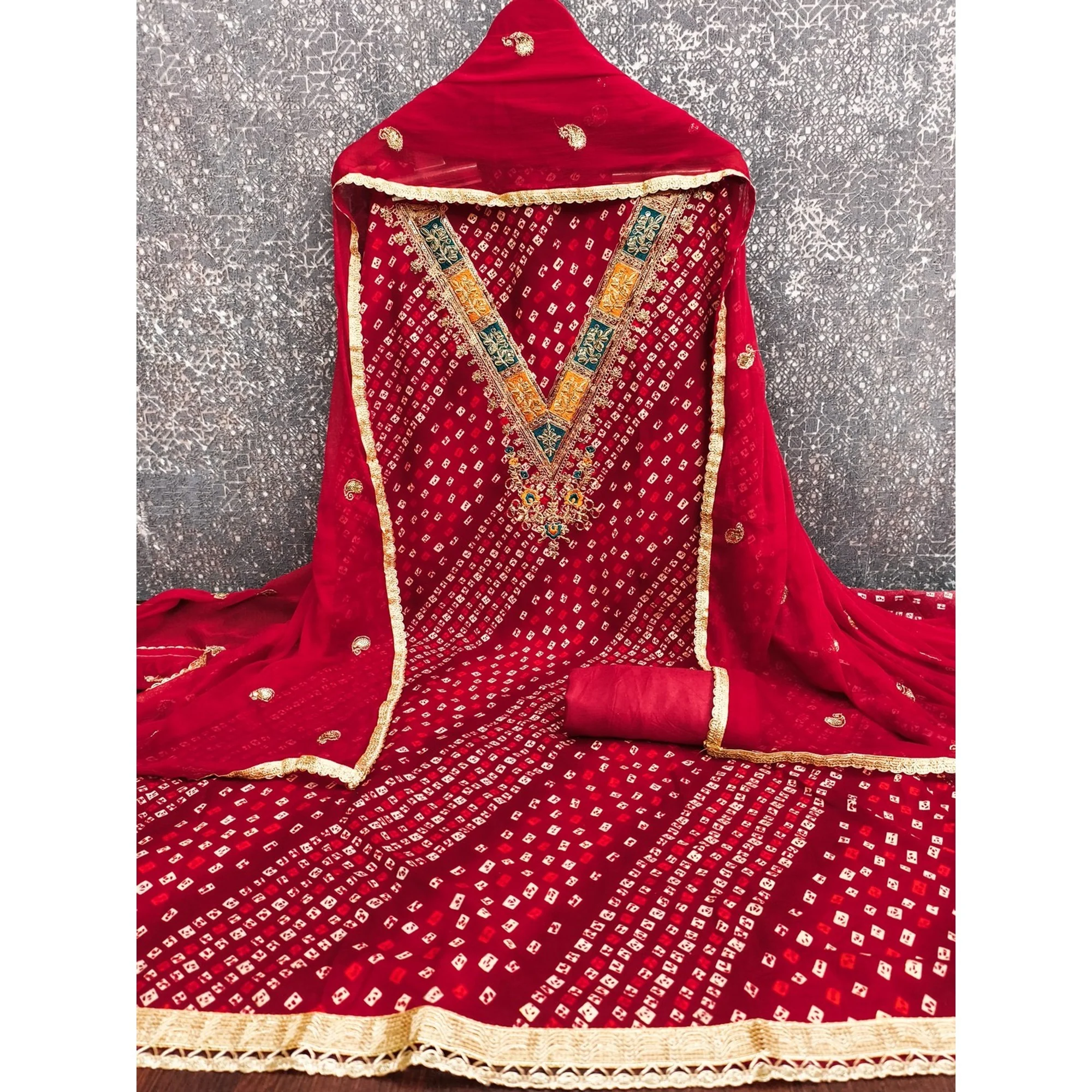 Traditional Red Bandhani Printed Rayon Dress Material Accented With Cording Embroidery Work - Image 2