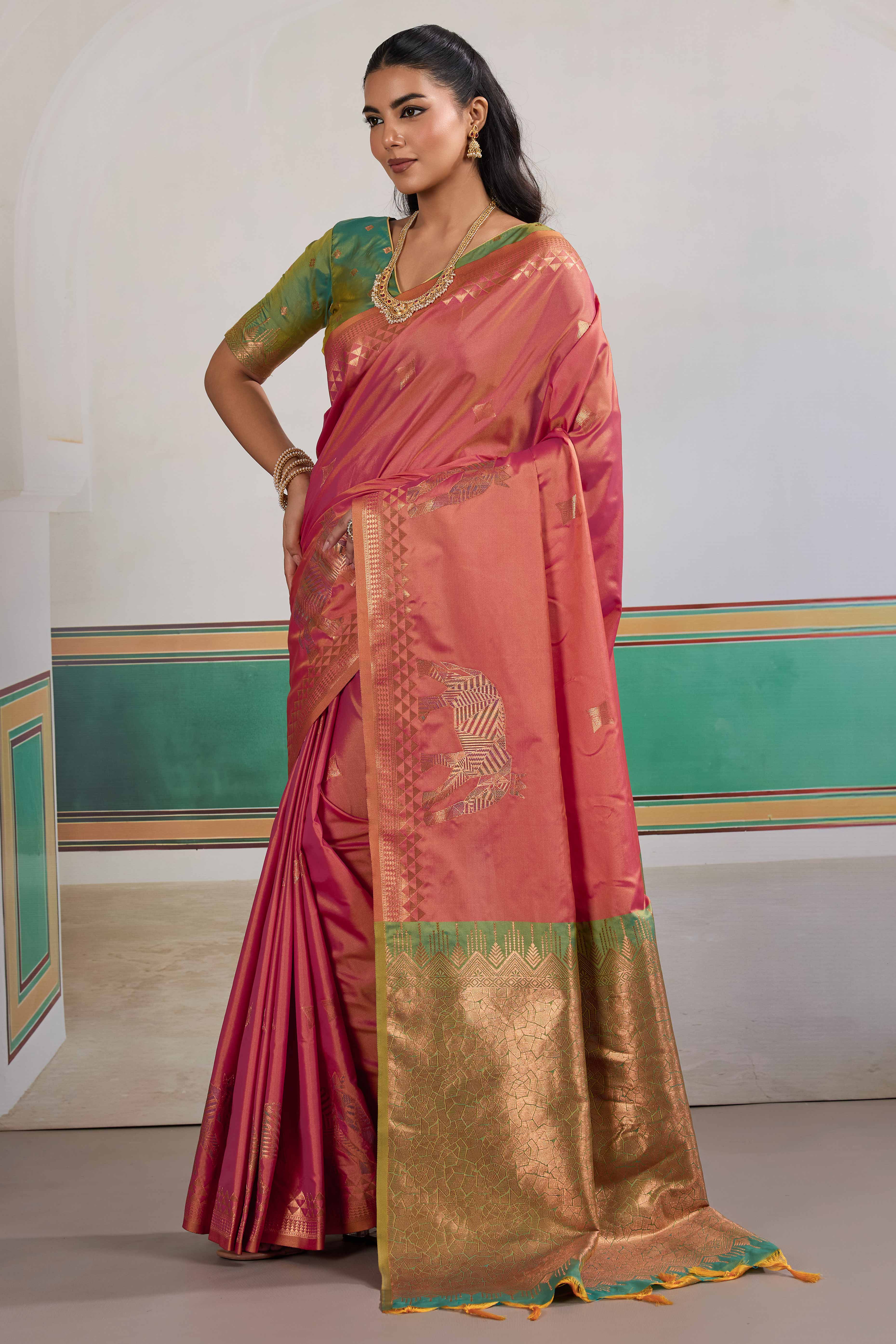 Traditional Rose Pink Pure Silk Saree Featuring Elephant Motif Zari Weaving & Tassel Pallu - Image 3