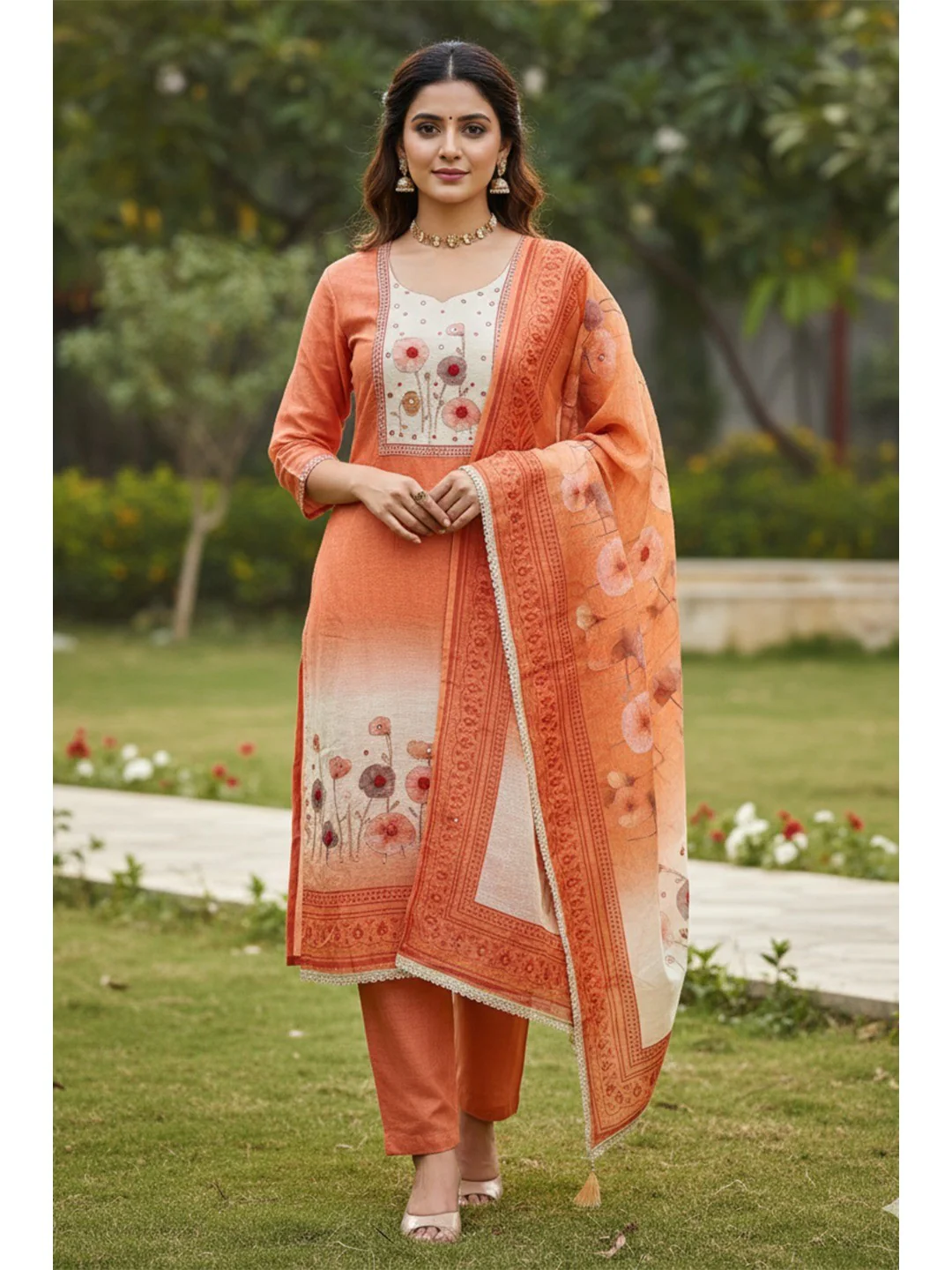 Traditional Rust Linen Floral Print Dress Material with Dupatta with Graceful Feminine Appeal