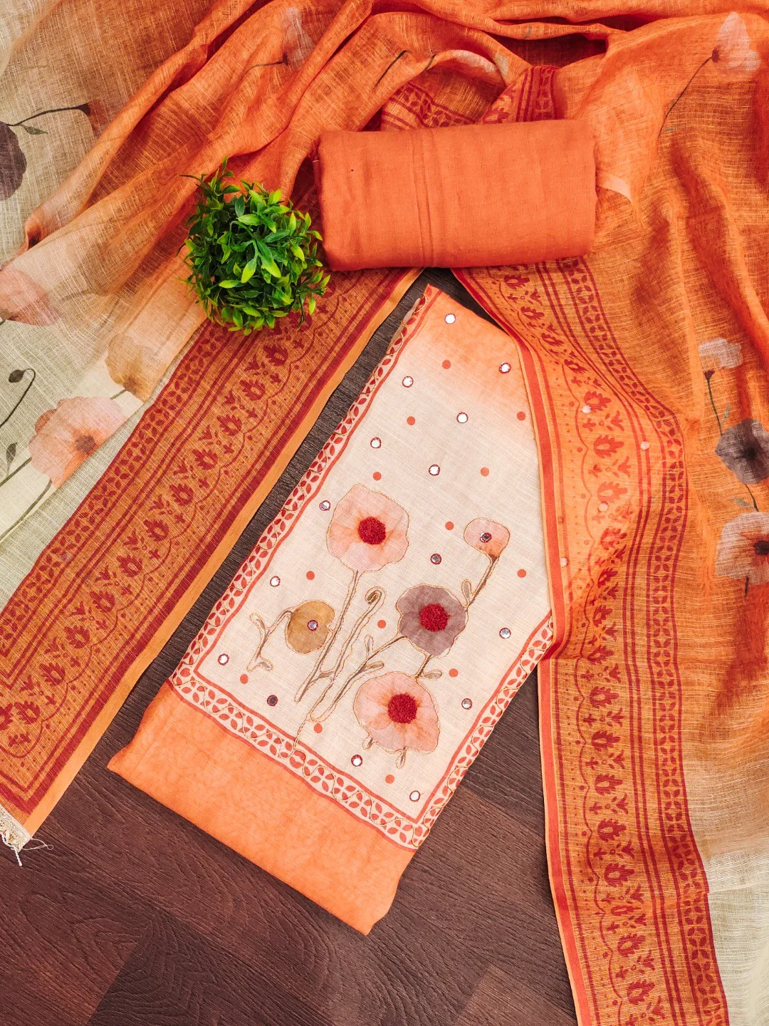 Traditional Rust Linen Floral Print Dress Material with Dupatta with Graceful Feminine Appeal - Image 5