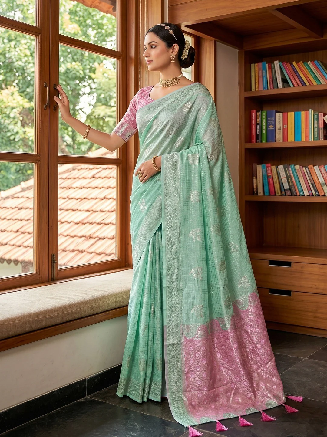 Traditional Sea Green Cotton Silk Saree with Rich Ethnic Weaving - Image 4