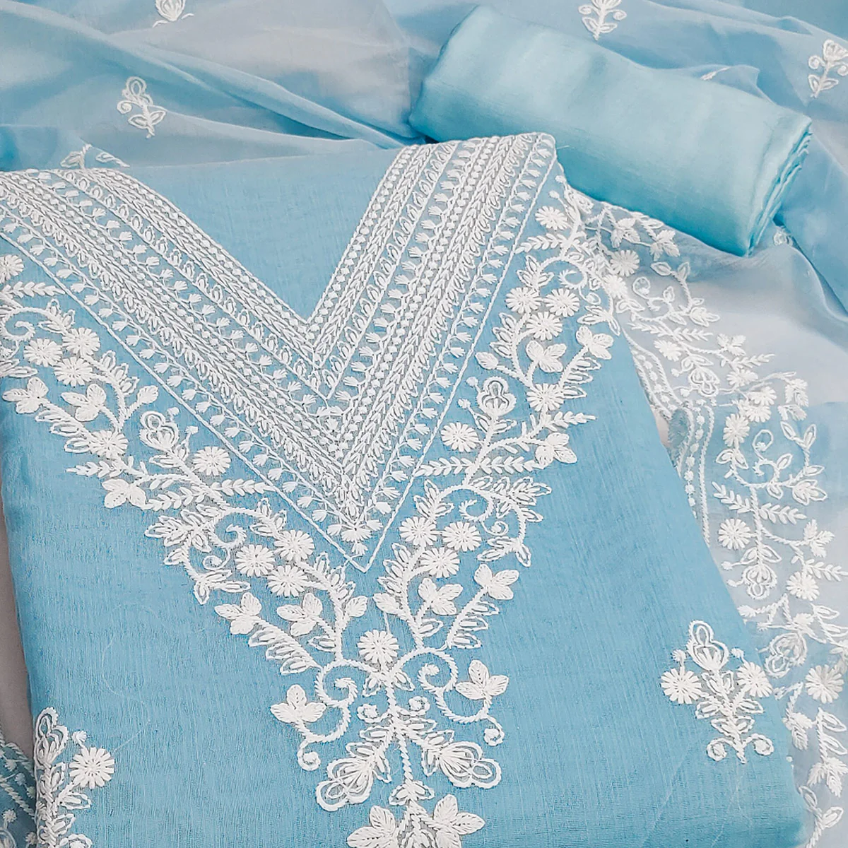 Traditional Sky Blue Chanderi Silk Suit Fabric with Embroidered Floral Patterns - Image 2