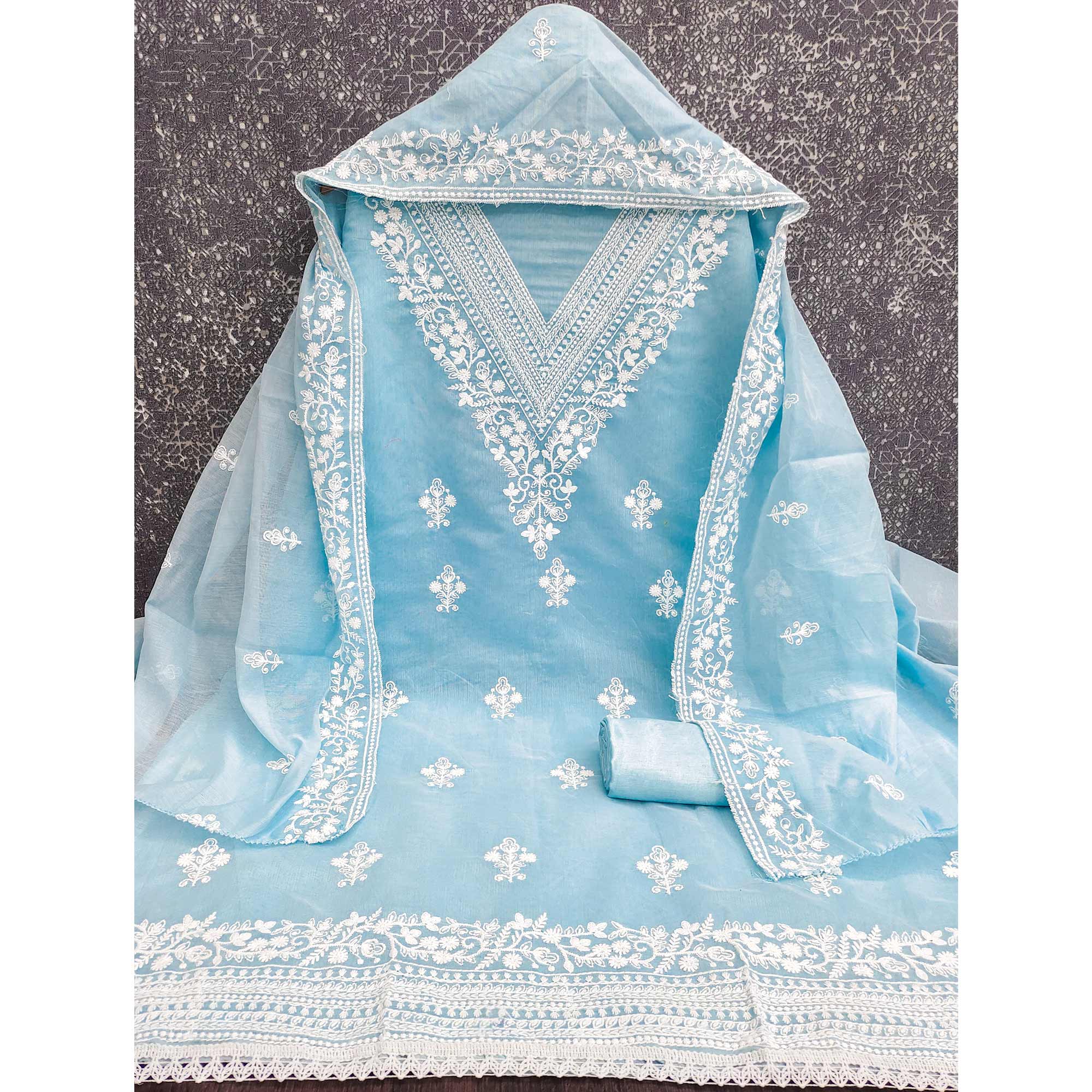 Traditional Sky Blue Chanderi Silk Suit Fabric with Embroidered Floral Patterns - Image 3