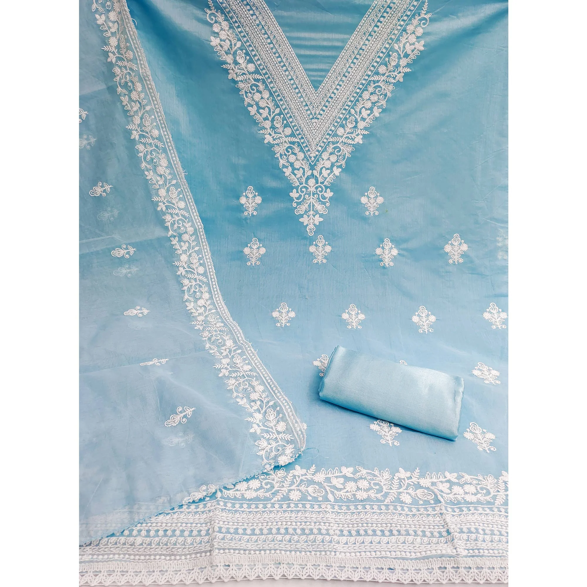 Traditional Sky Blue Chanderi Silk Suit Fabric with Embroidered Floral Patterns - Image 4