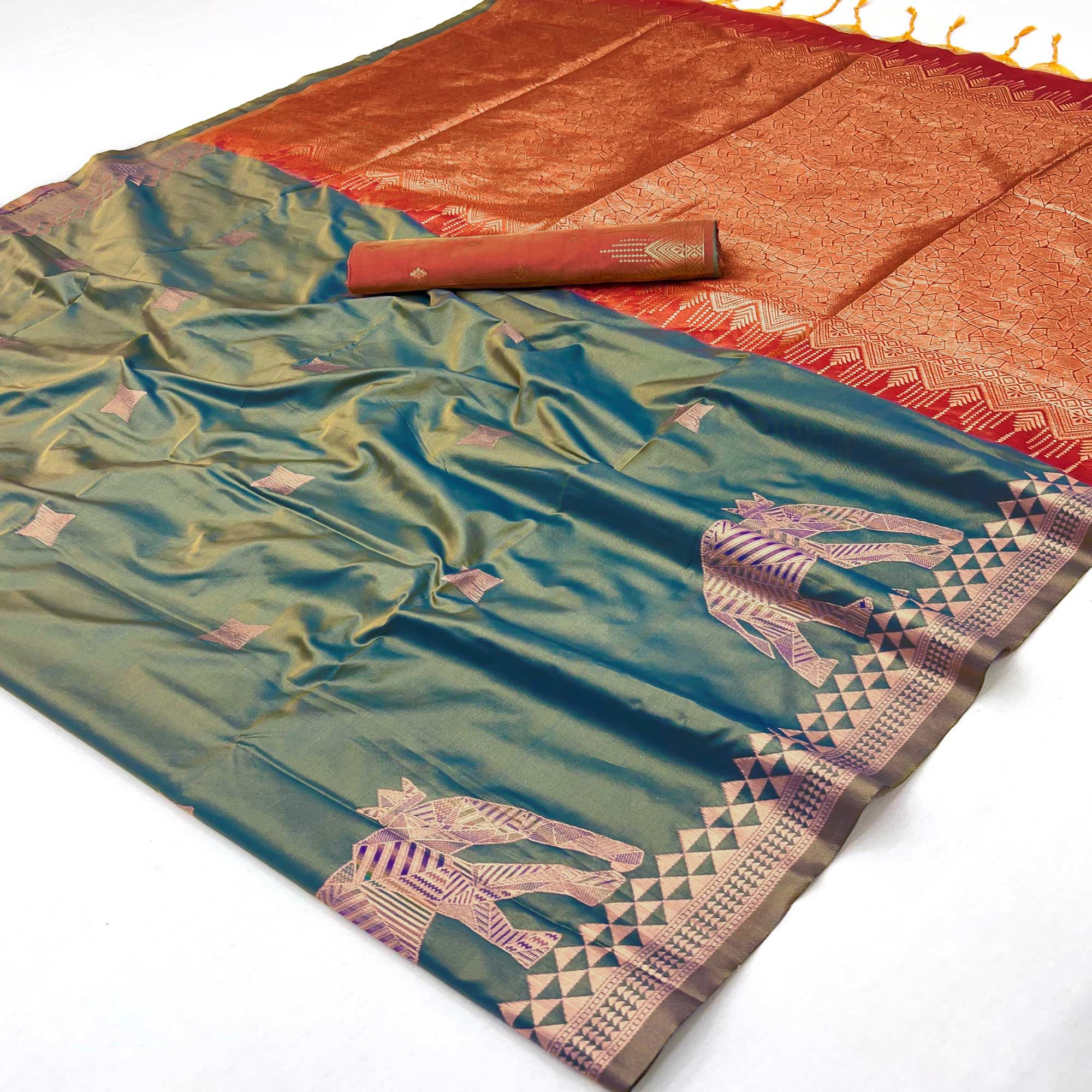 Traditional Teal Blue Pure Silk Saree Featuring Elephant Motif Zari Weaving & Tassel Pallu - Image 8