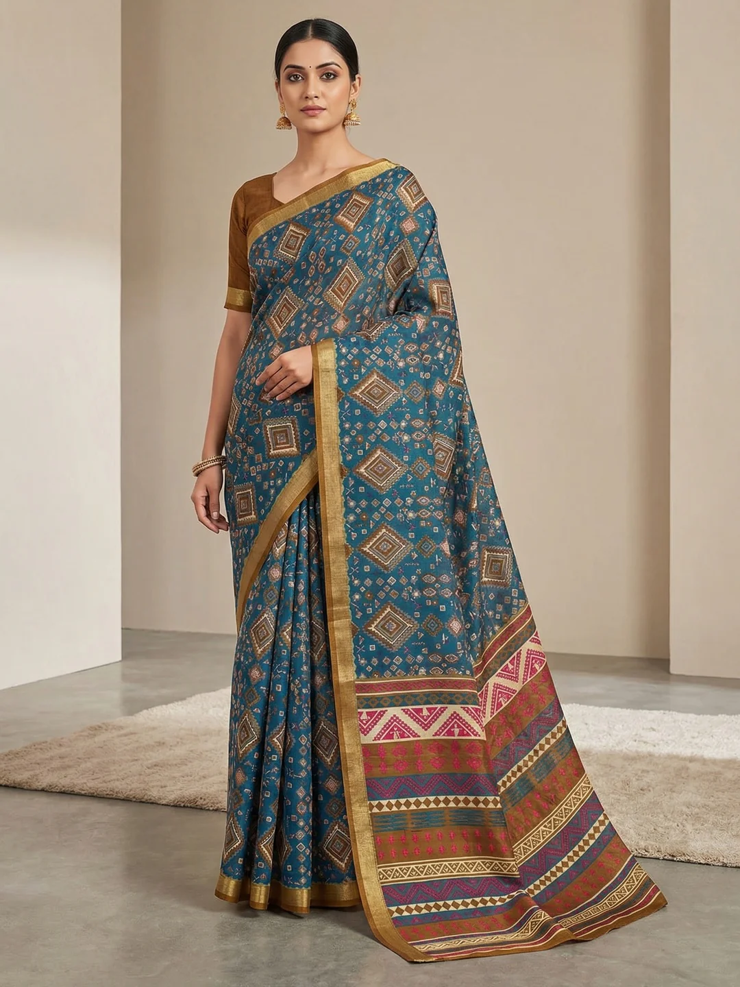Traditional Teal Chanderi Silk Saree with Detailed Geometric Print Pattern