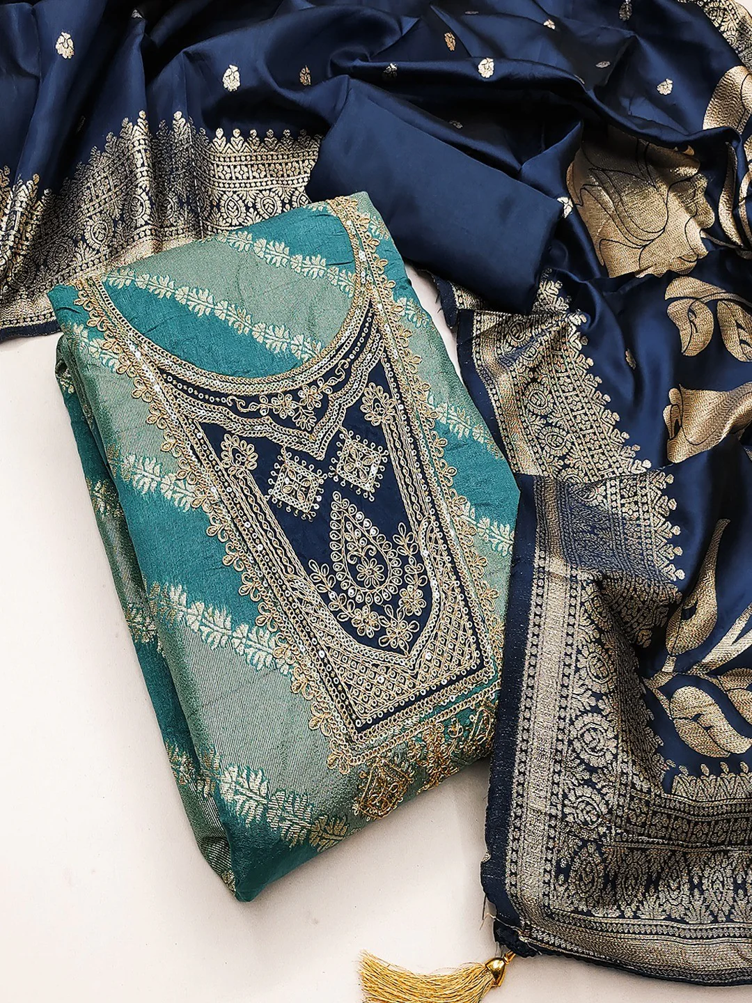 Traditional Turquoise Floral Weaving With Sequins Cording Embroidered Modal Jacquard Dress Material - Image 3