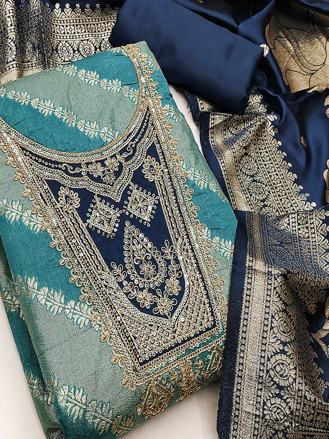 Traditional Turquoise Floral Weaving With Sequins Cording Embroidered Modal Jacquard Dress Material - Image 4