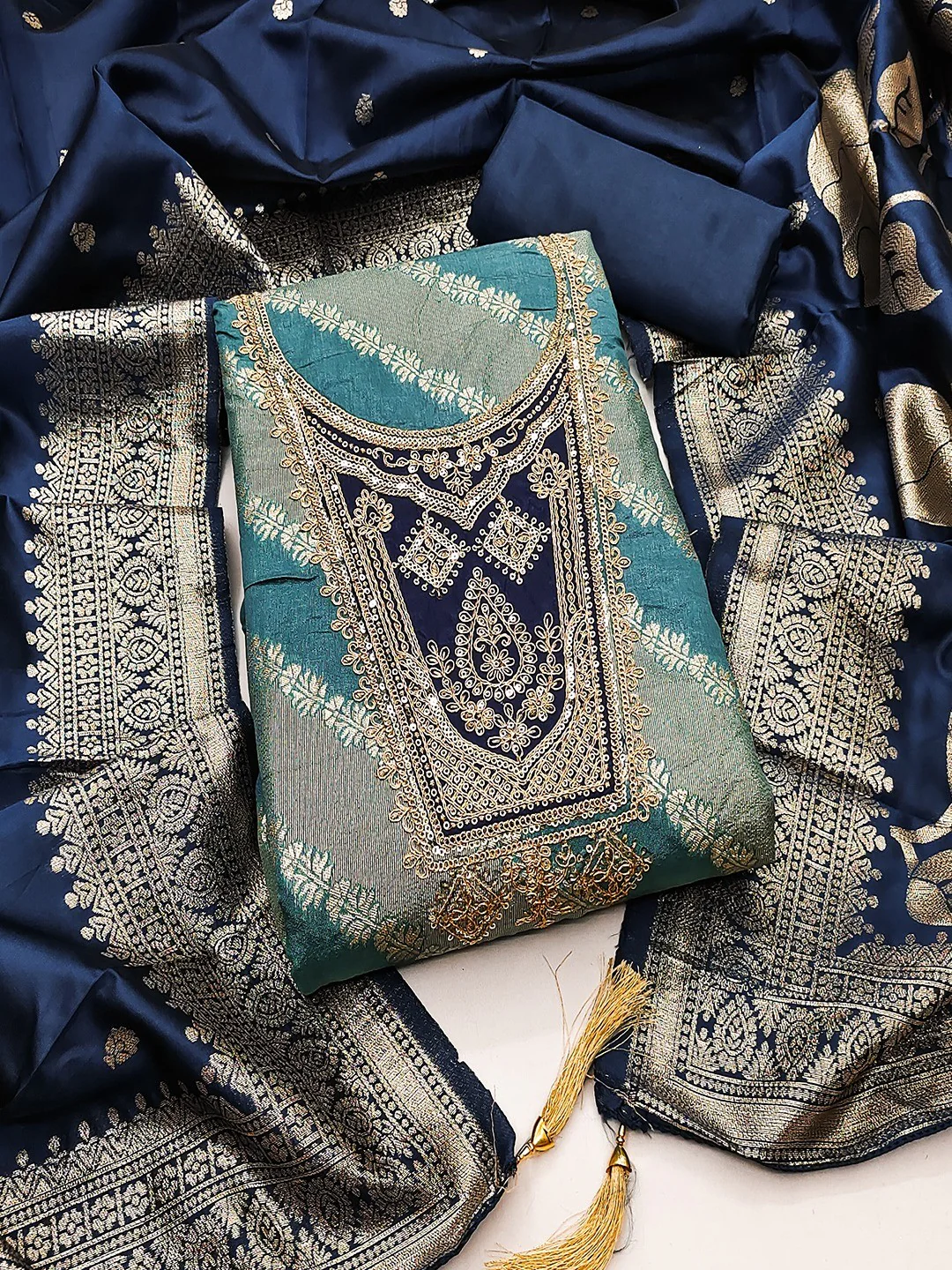 Traditional Turquoise Floral Weaving With Sequins Cording Embroidered Modal Jacquard Dress Material - Image 5