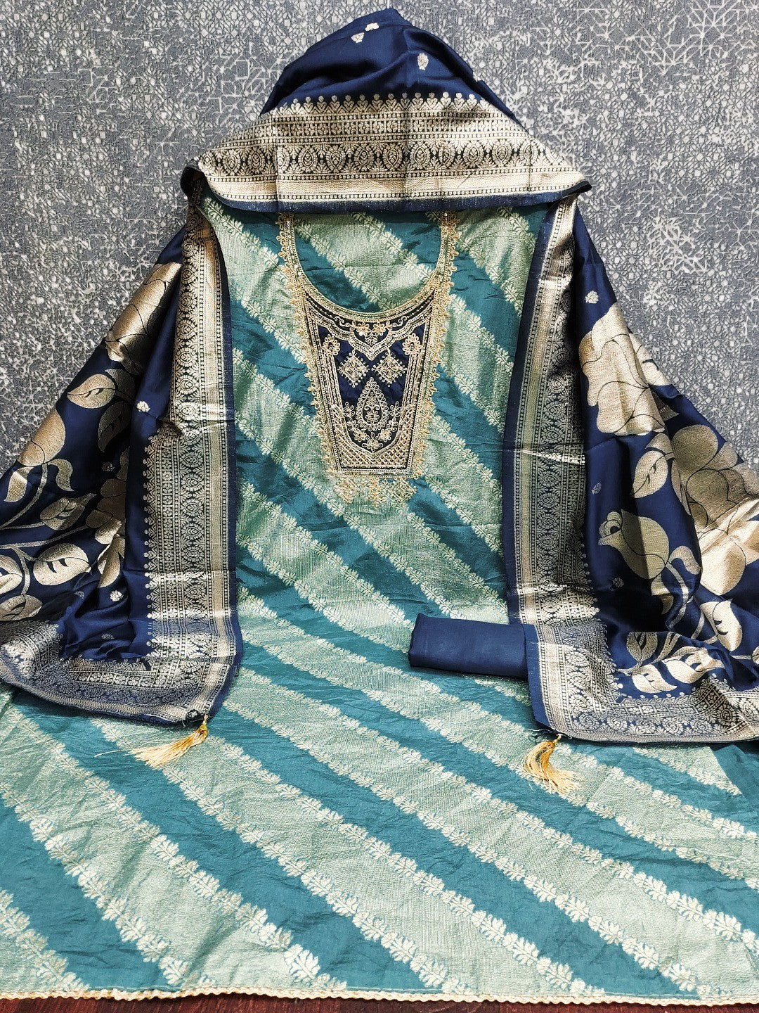 Traditional Turquoise Floral Weaving With Sequins Cording Embroidered Modal Jacquard Dress Material - Image 6