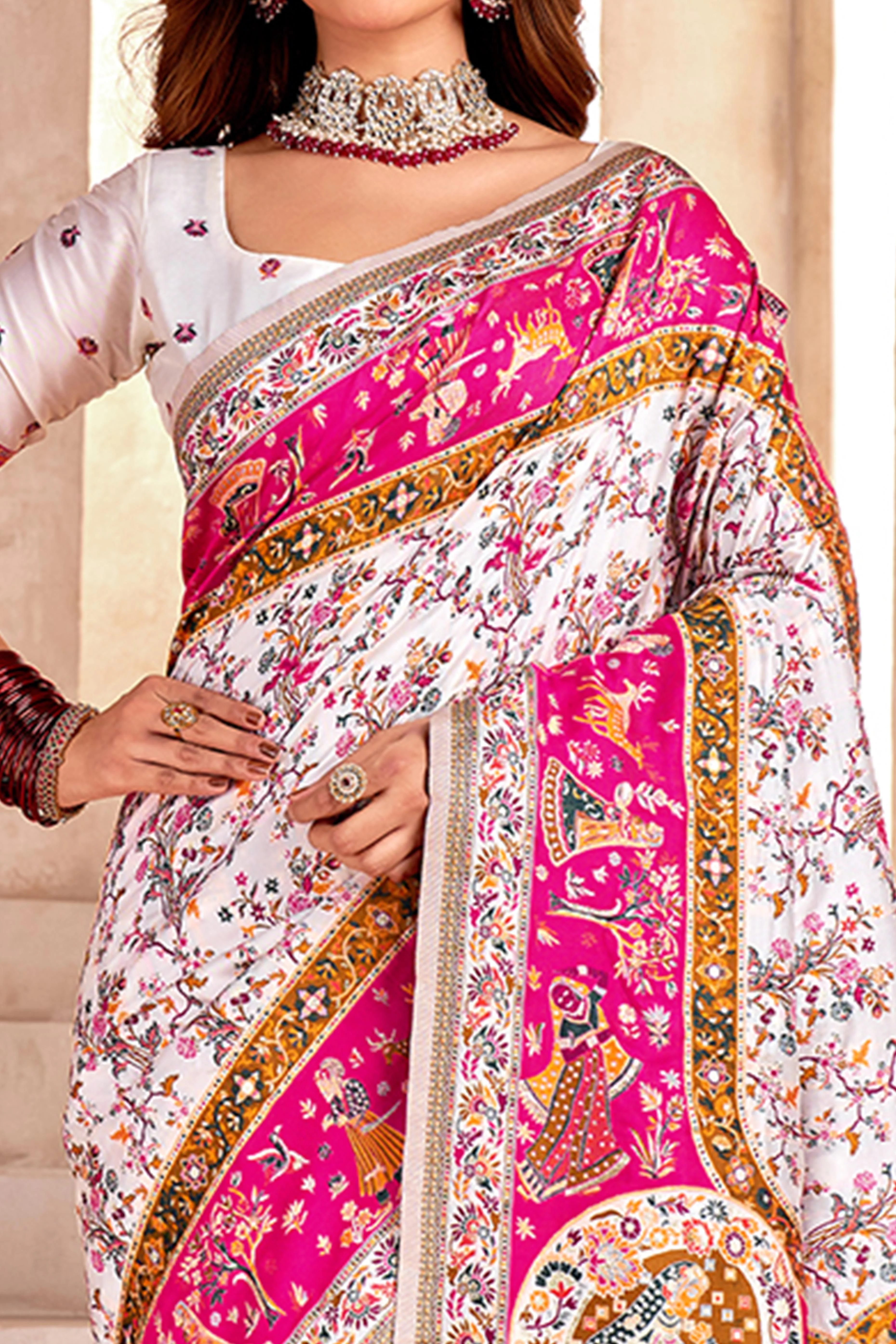Traditional White Rajwadi Weaving Pashmina Silk Saree With Kashmiri Pallu & Elegant Zari Border - Image 2