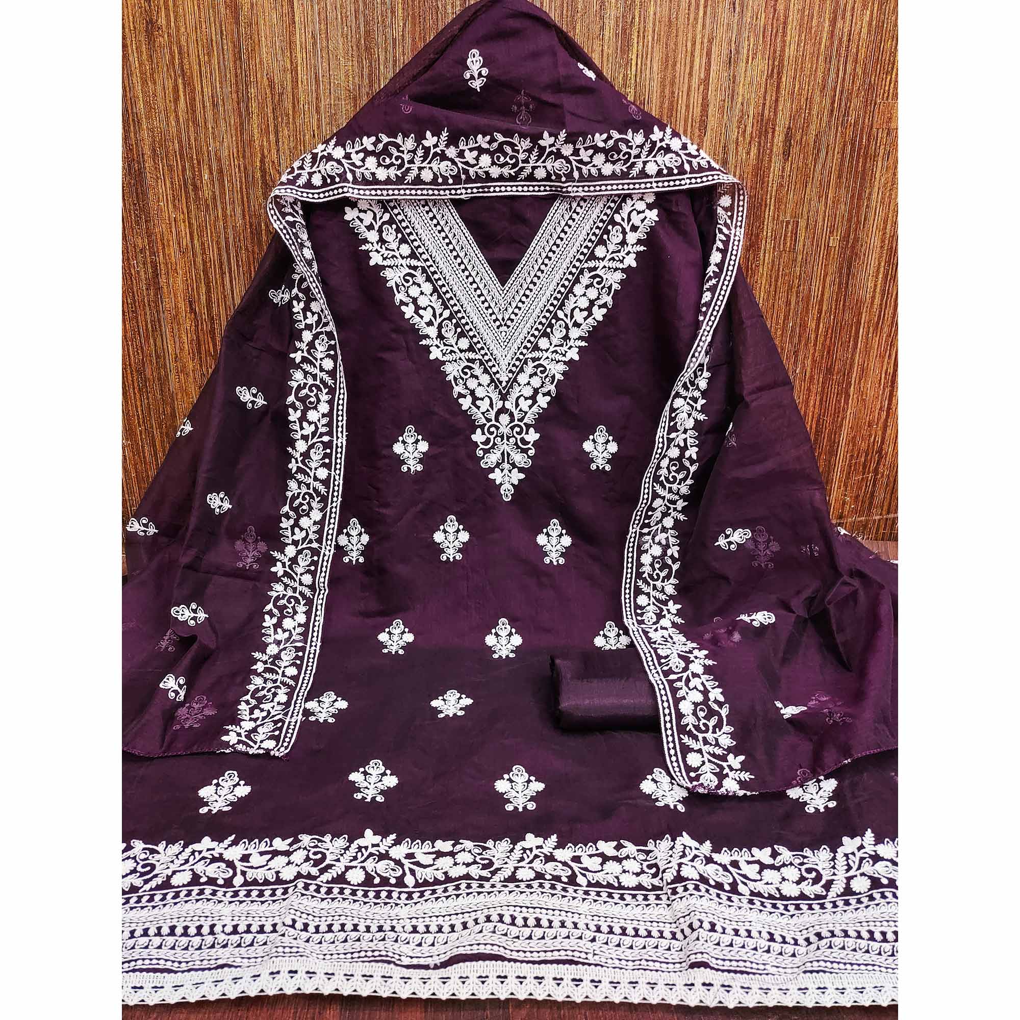 Traditional Wine Chanderi Silk Suit Fabric with Embroidered Floral Patterns - Image 3