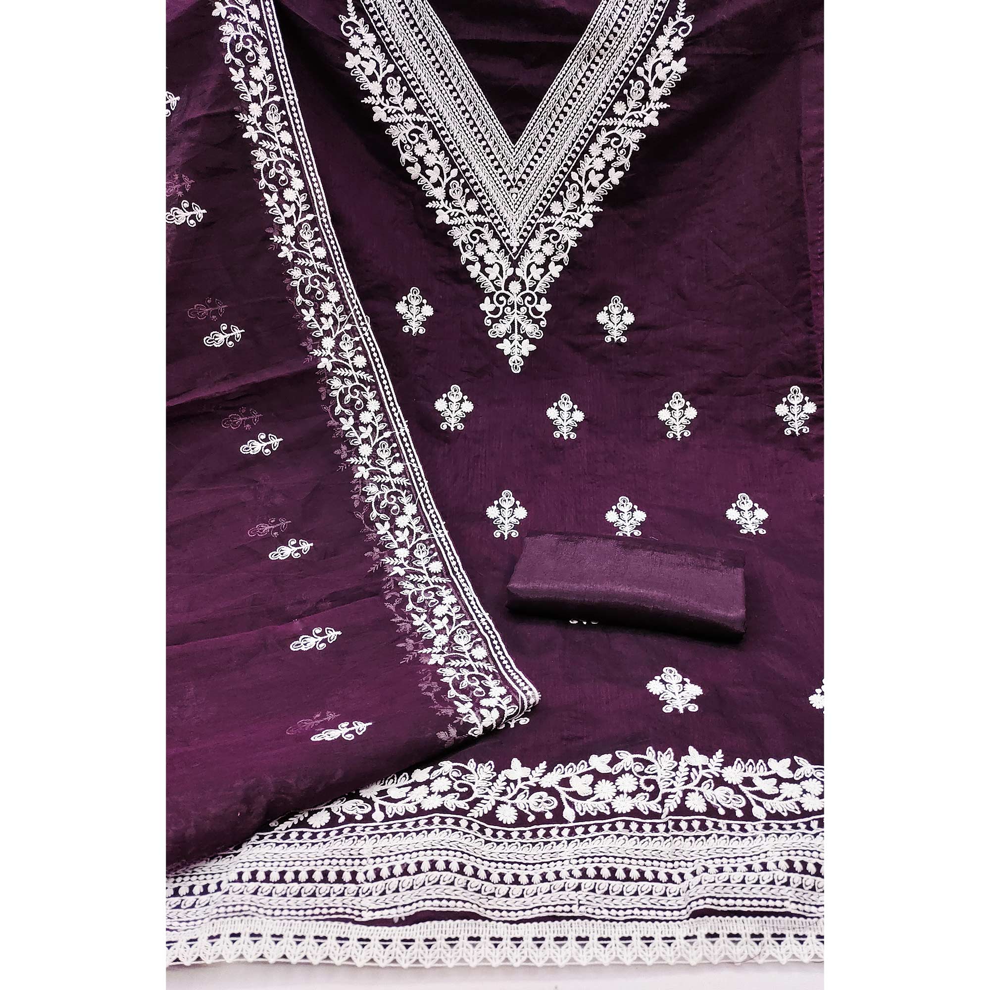 Traditional Wine Chanderi Silk Suit Fabric with Embroidered Floral Patterns - Image 4